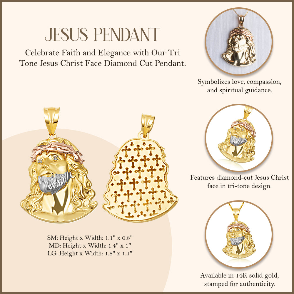 Tri-Color Gold Jesus Christ Face Diamond Cut CZ Pendant Necklace, view 5
