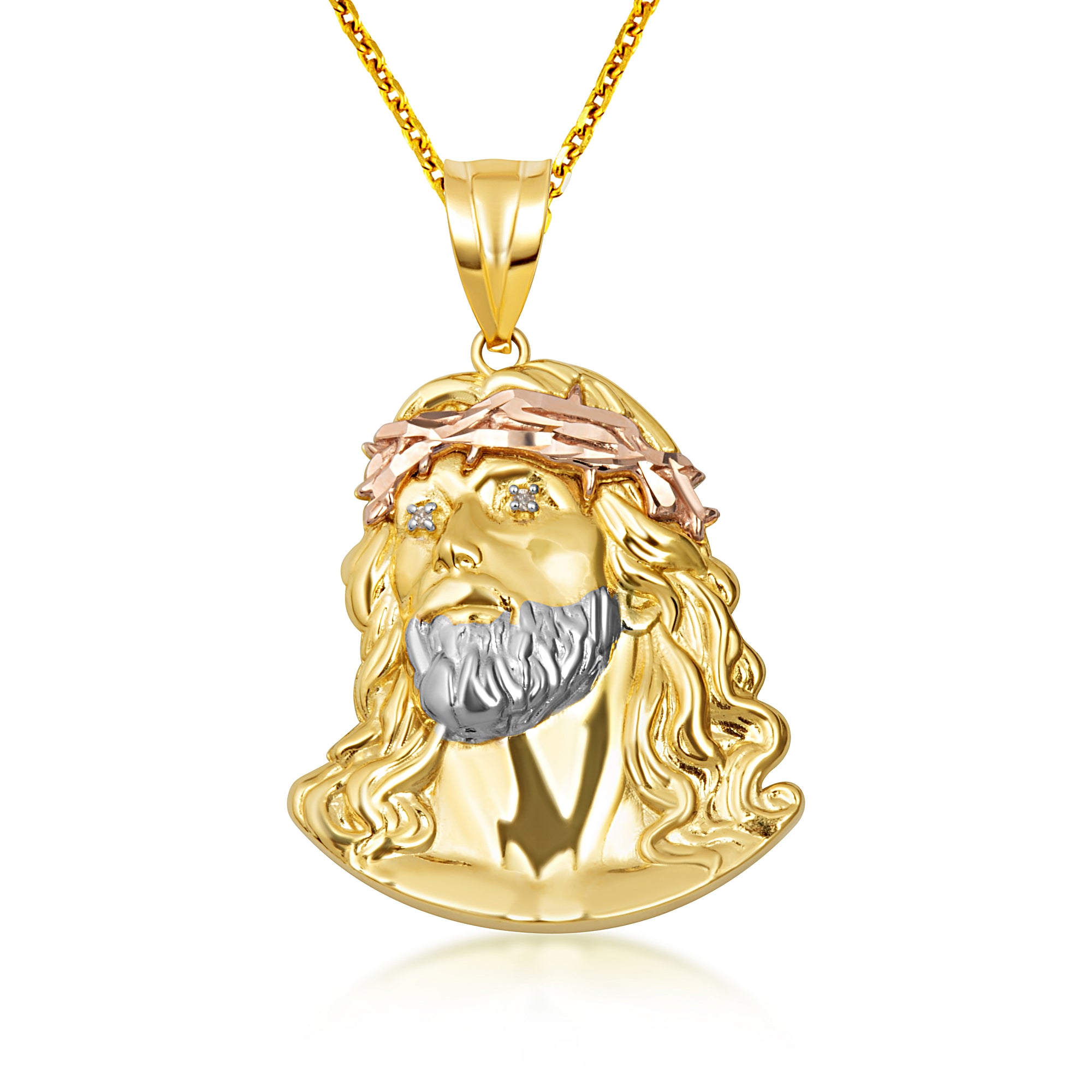 Tri-Color Gold Jesus Christ Face Diamond Cut CZ Pendant Necklace, view 7