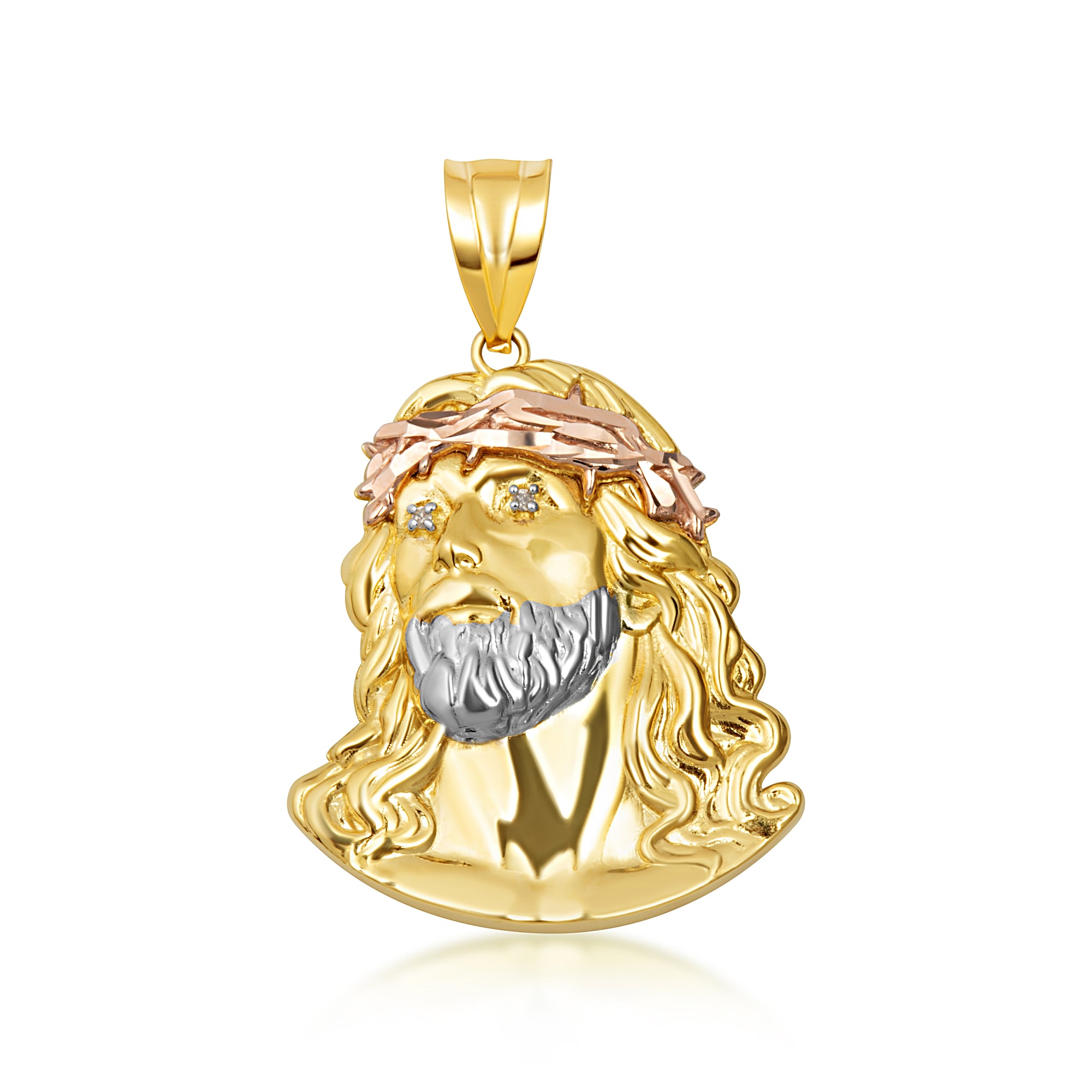 Tri-Color Gold Jesus Christ Face Diamond Cut CZ Pendant Necklace, view 8