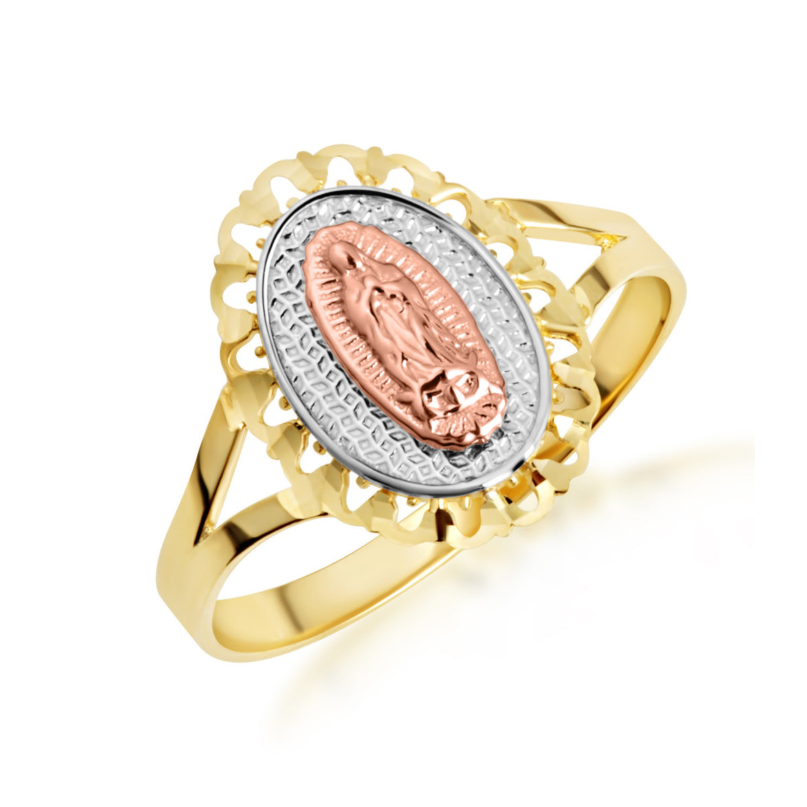 Tri-Color Gold Lady Of Guadalupe Sacred Oval Medallion Ring
