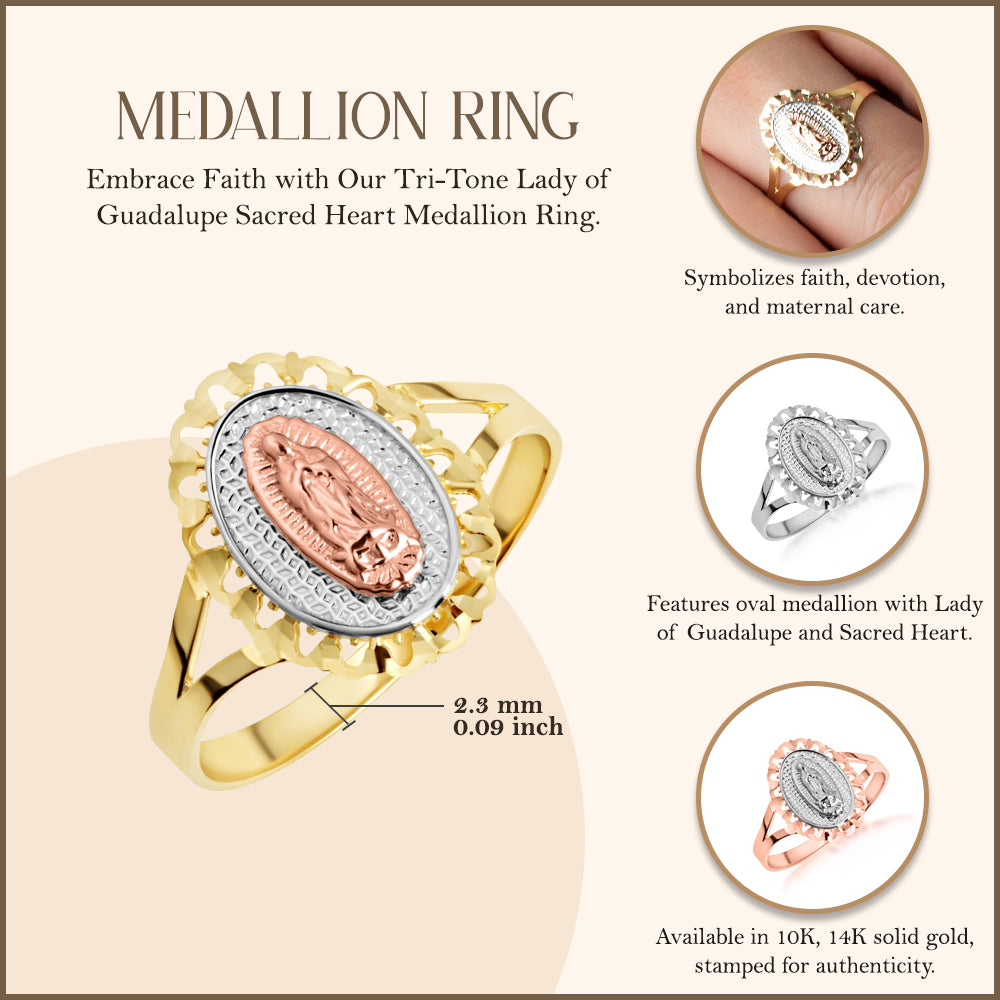 Tri-Color Gold Lady Of Guadalupe Sacred Oval Medallion Ring, view 3