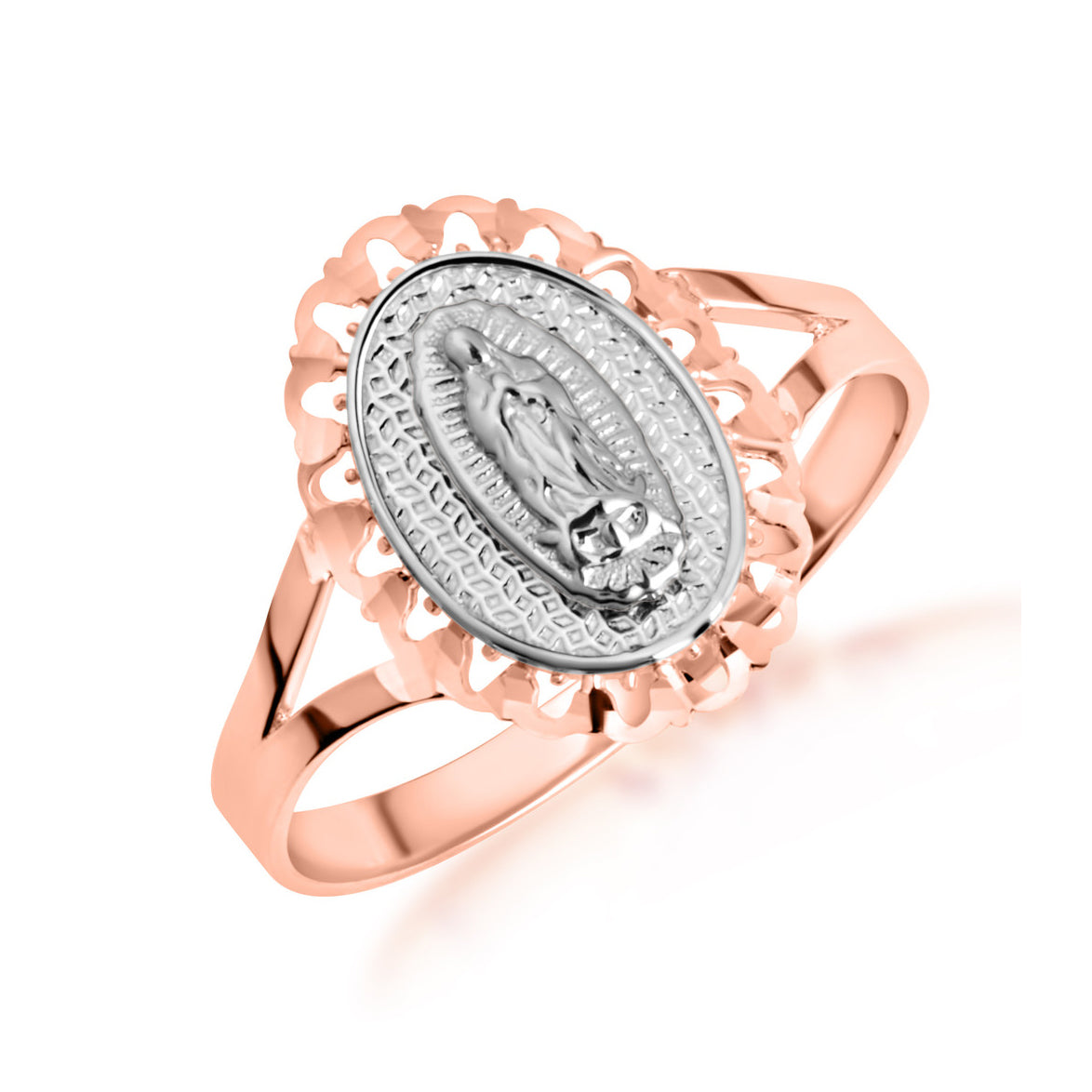 Tri-Color Gold Lady Of Guadalupe Sacred Oval Medallion Ring, view 5