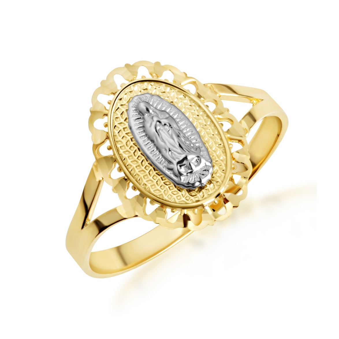Tri-Color Gold Lady Of Guadalupe Sacred Oval Medallion Ring, view 6