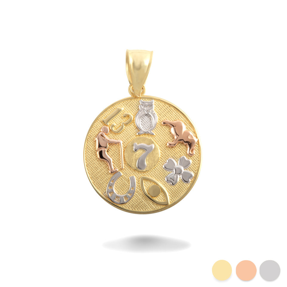 Tri-Color Gold Lucky Symbols Beaded Medallion Pendant Necklace