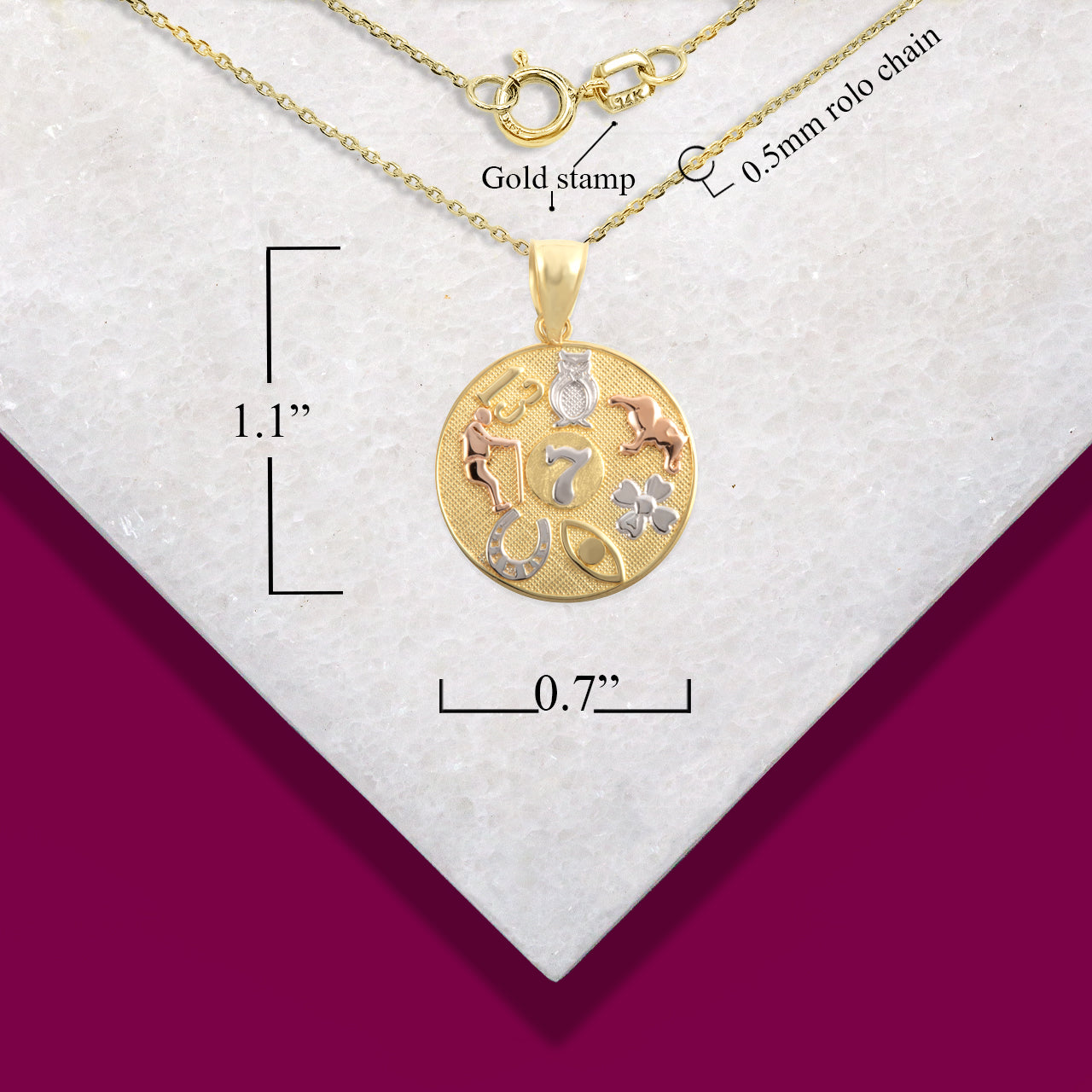 Tri-Color Gold Lucky Symbols Beaded Medallion Pendant Necklace, view 3