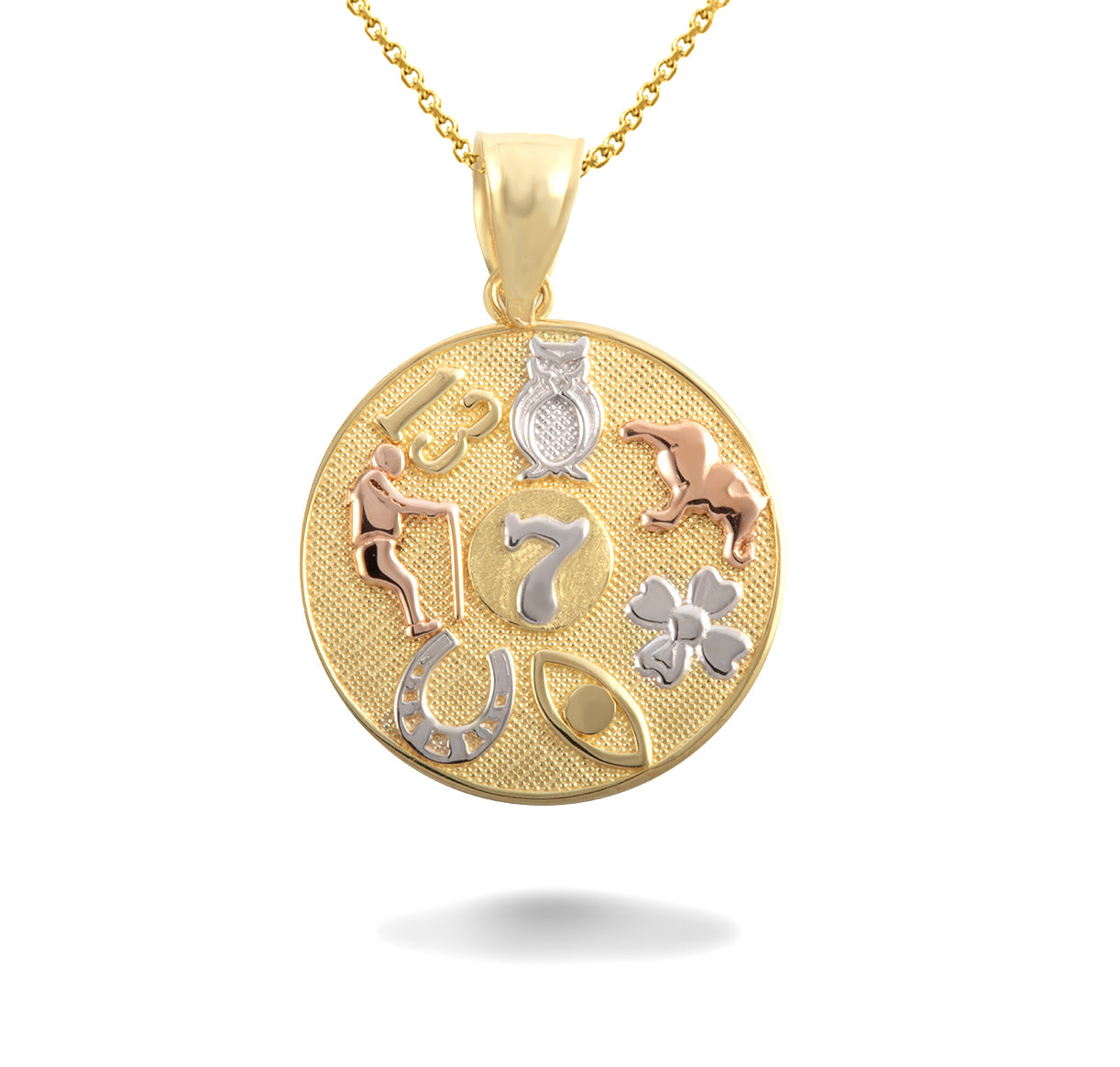 Tri-Color Gold Lucky Symbols Beaded Medallion Pendant Necklace, view 4