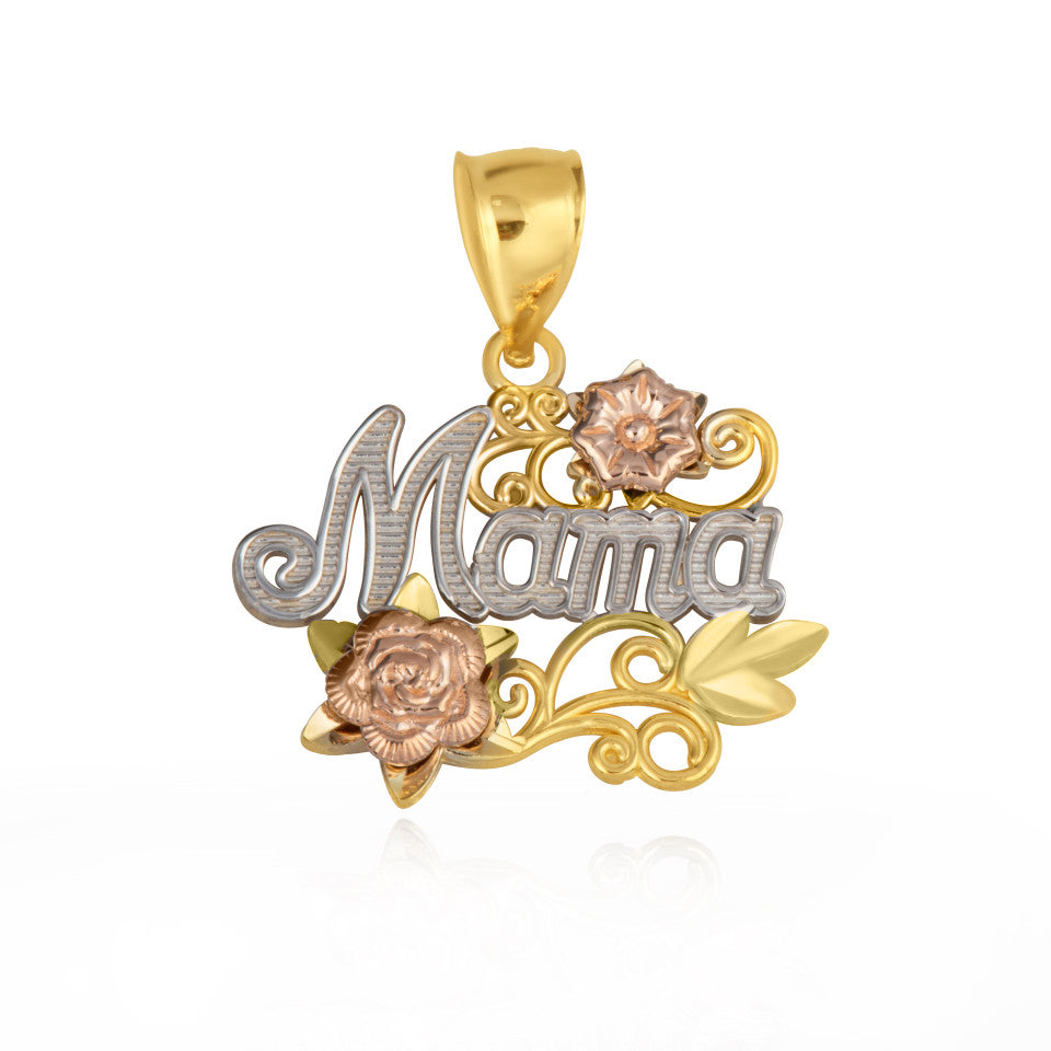 Tri-Color Gold Mama Rose Flower Filigree Pendant Necklace