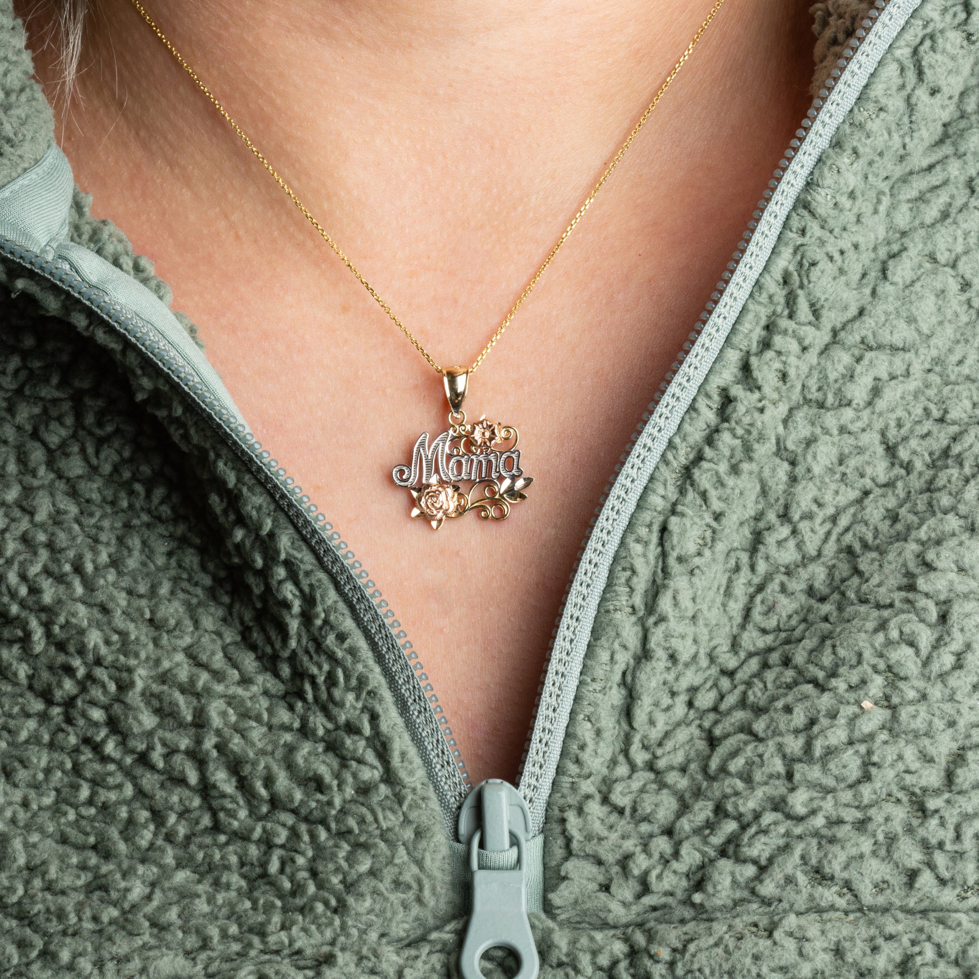 Tri-Color Gold Mama Rose Flower Filigree Pendant Necklace, view 2