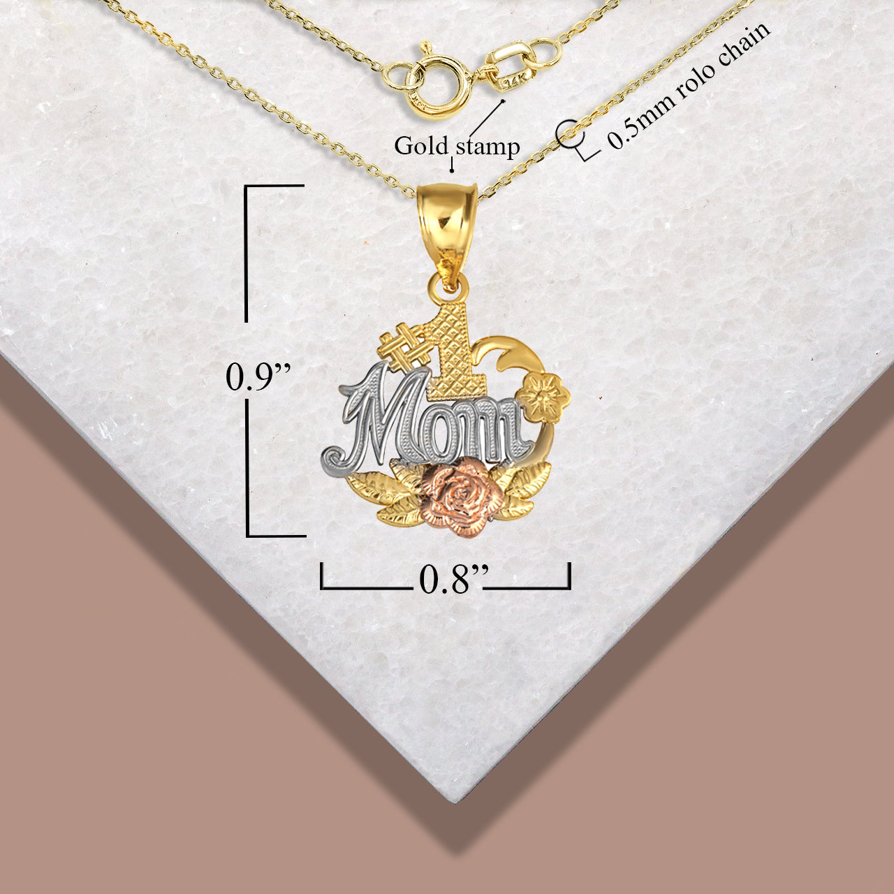 Tri-Color Gold Mama Rose Flower Filigree Pendant Necklace, view 3