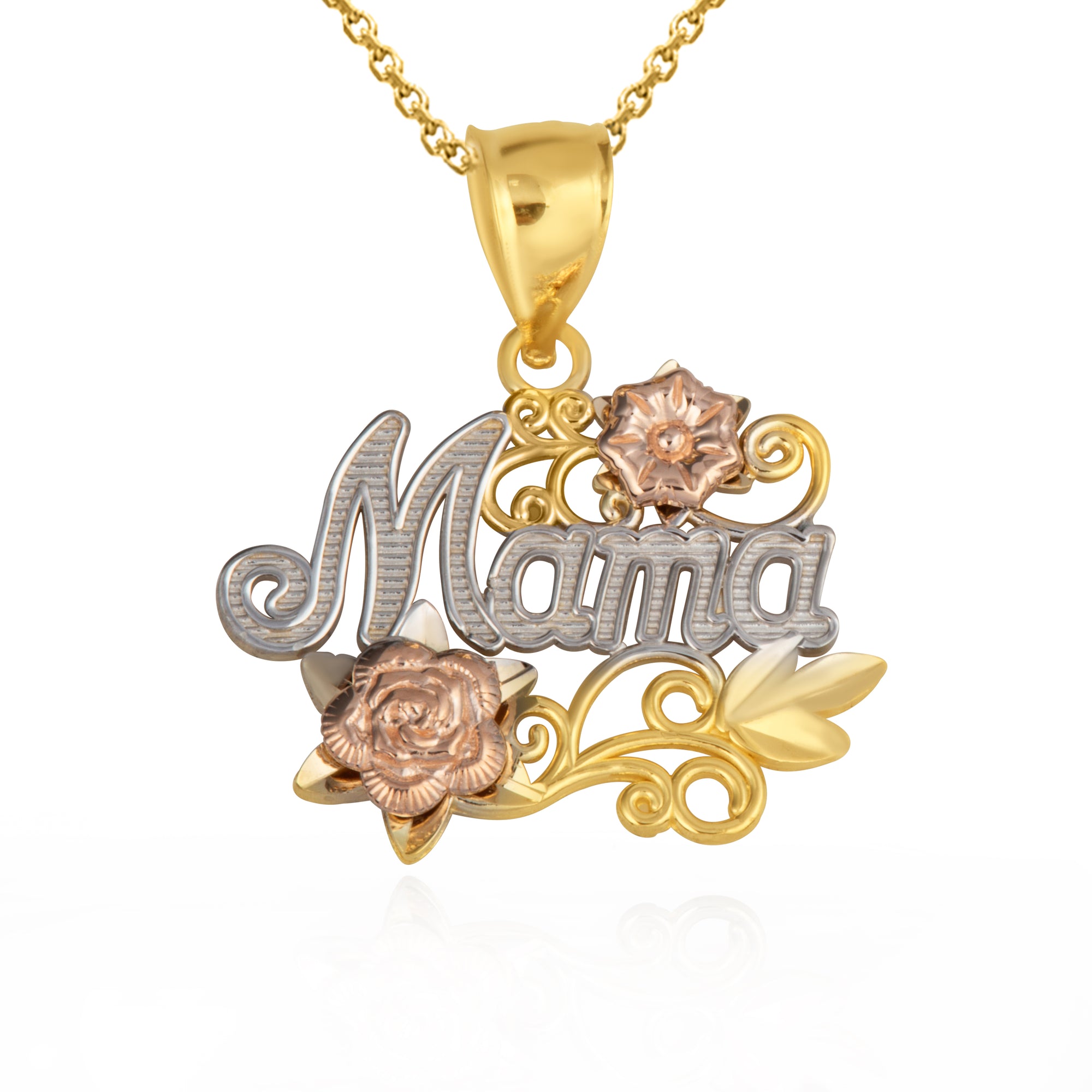 Tri-Color Gold Mama Rose Flower Filigree Pendant Necklace, view 4