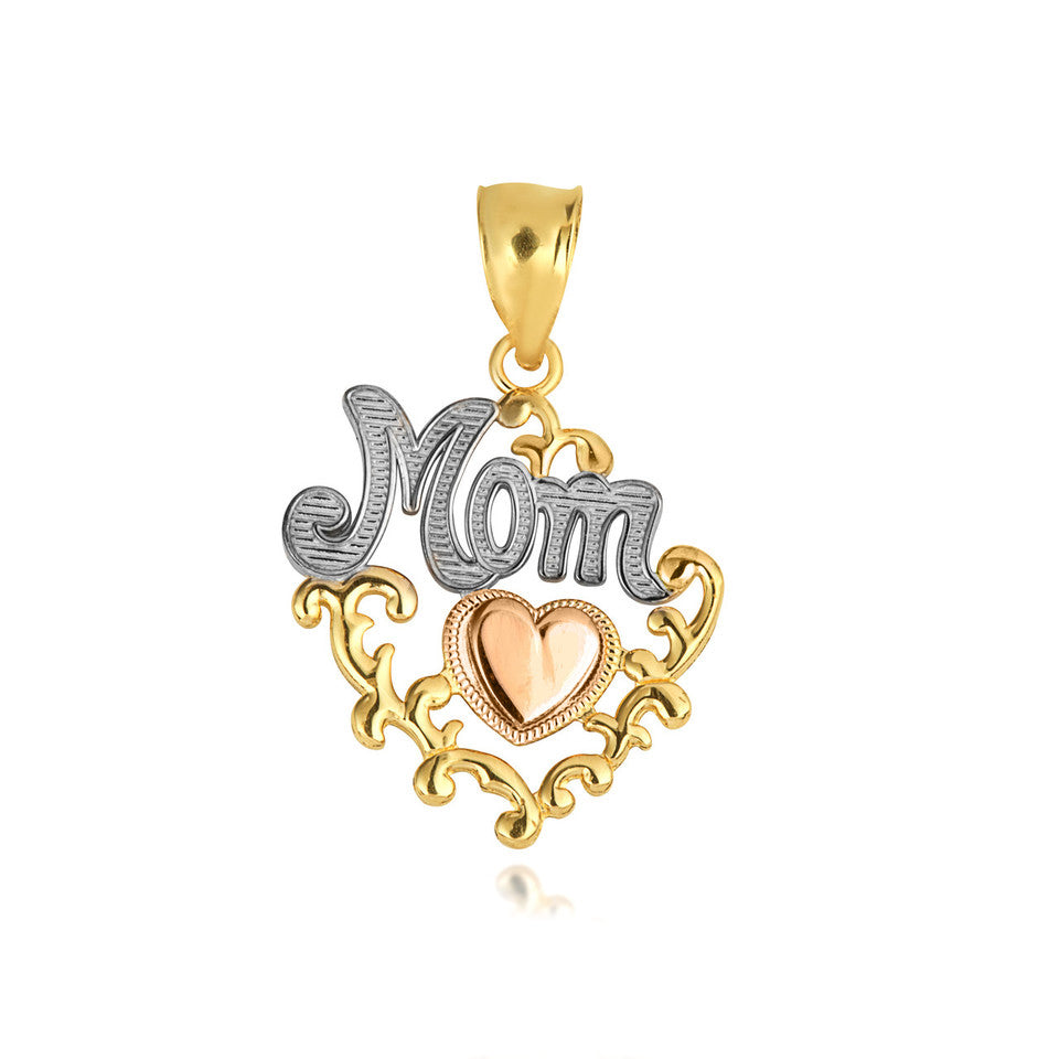 Tri-Color Gold Mom Heart Filigree Pendant Necklace