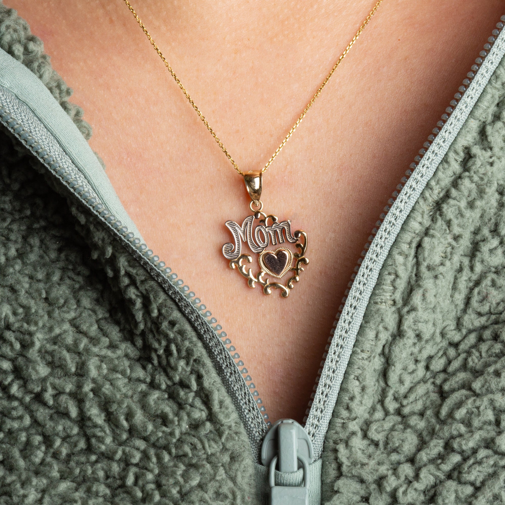 Tri-Color Gold Mom Heart Filigree Pendant Necklace, view 2