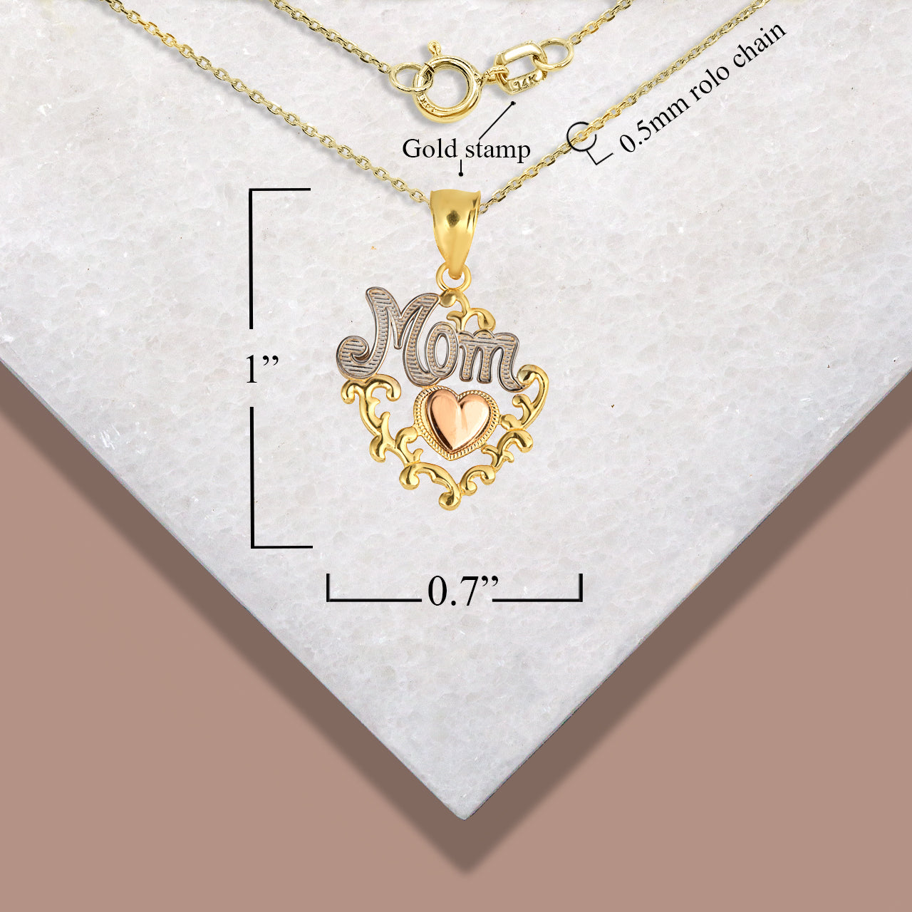 Tri-Color Gold Mom Heart Filigree Pendant Necklace, view 3