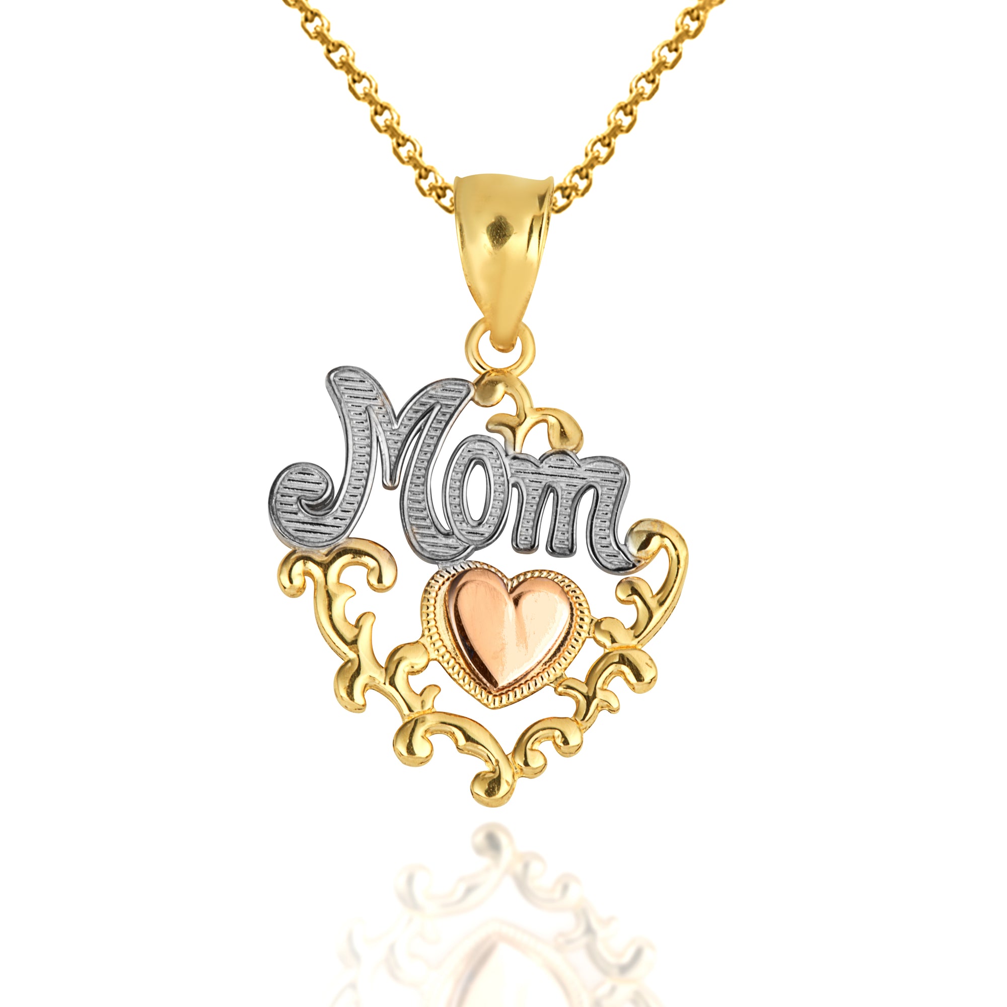Tri-Color Gold Mom Heart Filigree Pendant Necklace, view 4