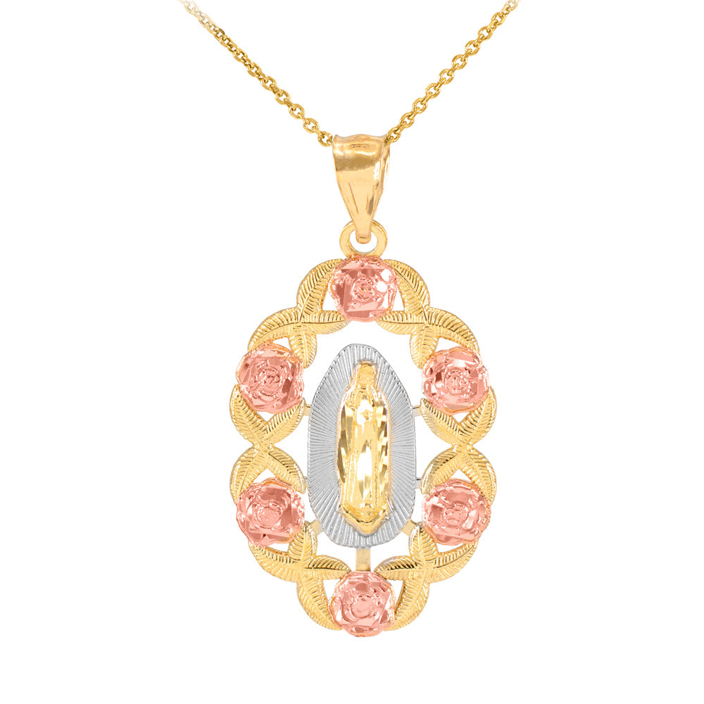 Tri-Color Gold Our Lady Guadalupe Pendant Necklace