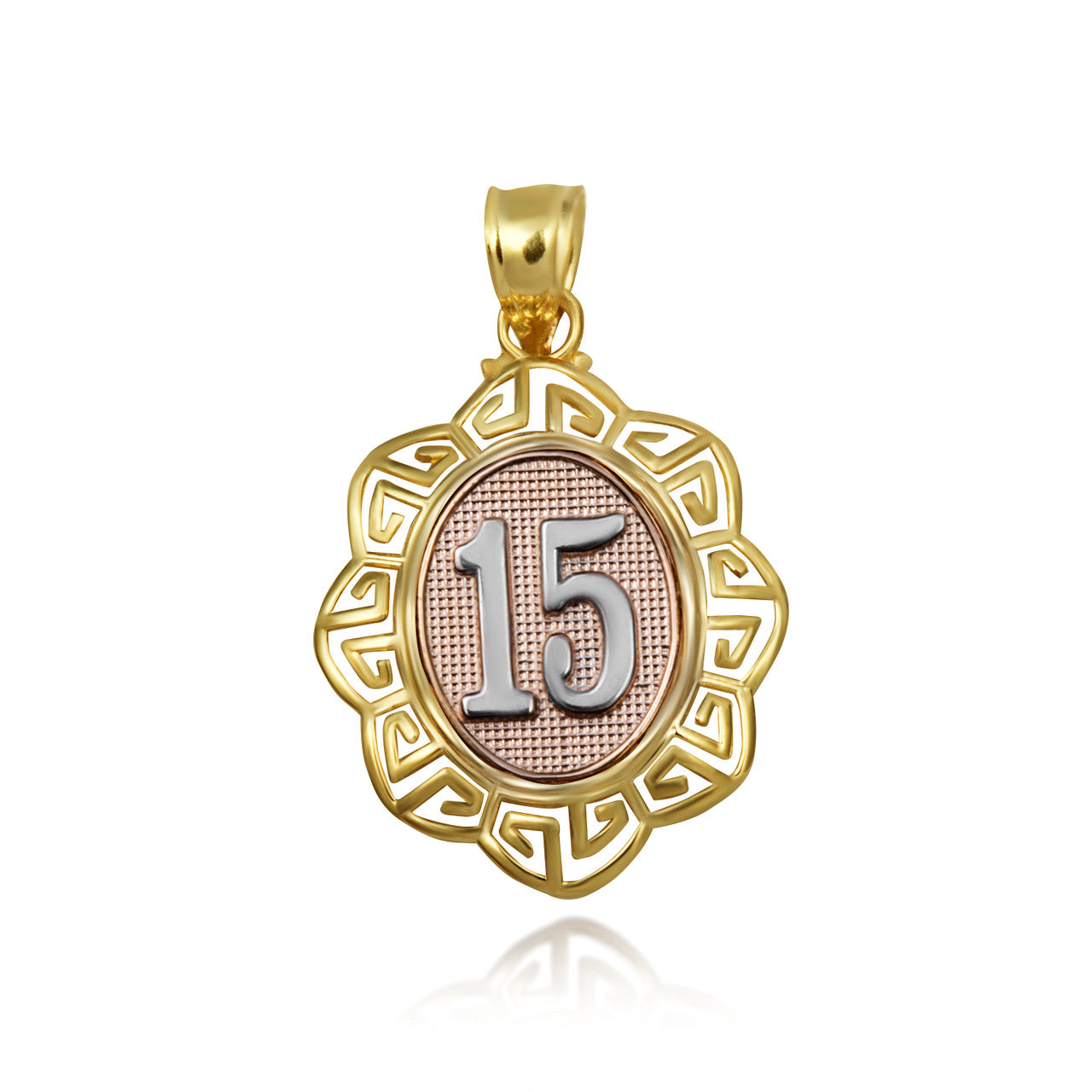 Tri-Color Gold Quinceañera 15 Años Greek Key Textured Pendant Necklace