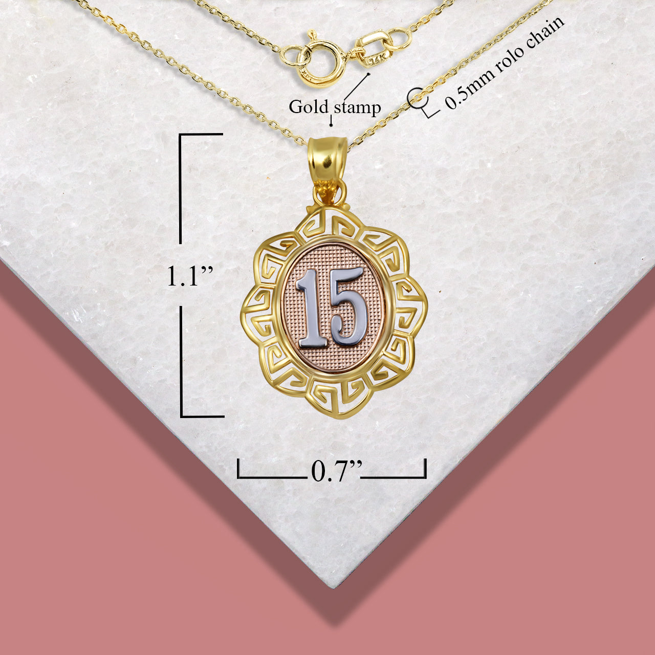 Tri-Color Gold Quinceañera 15 Años Greek Key Textured Pendant Necklace, view 3