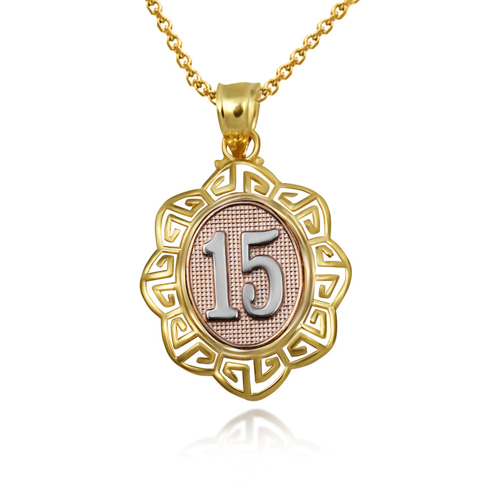Tri-Color Gold Quinceañera 15 Años Greek Key Textured Pendant Necklace, view 4