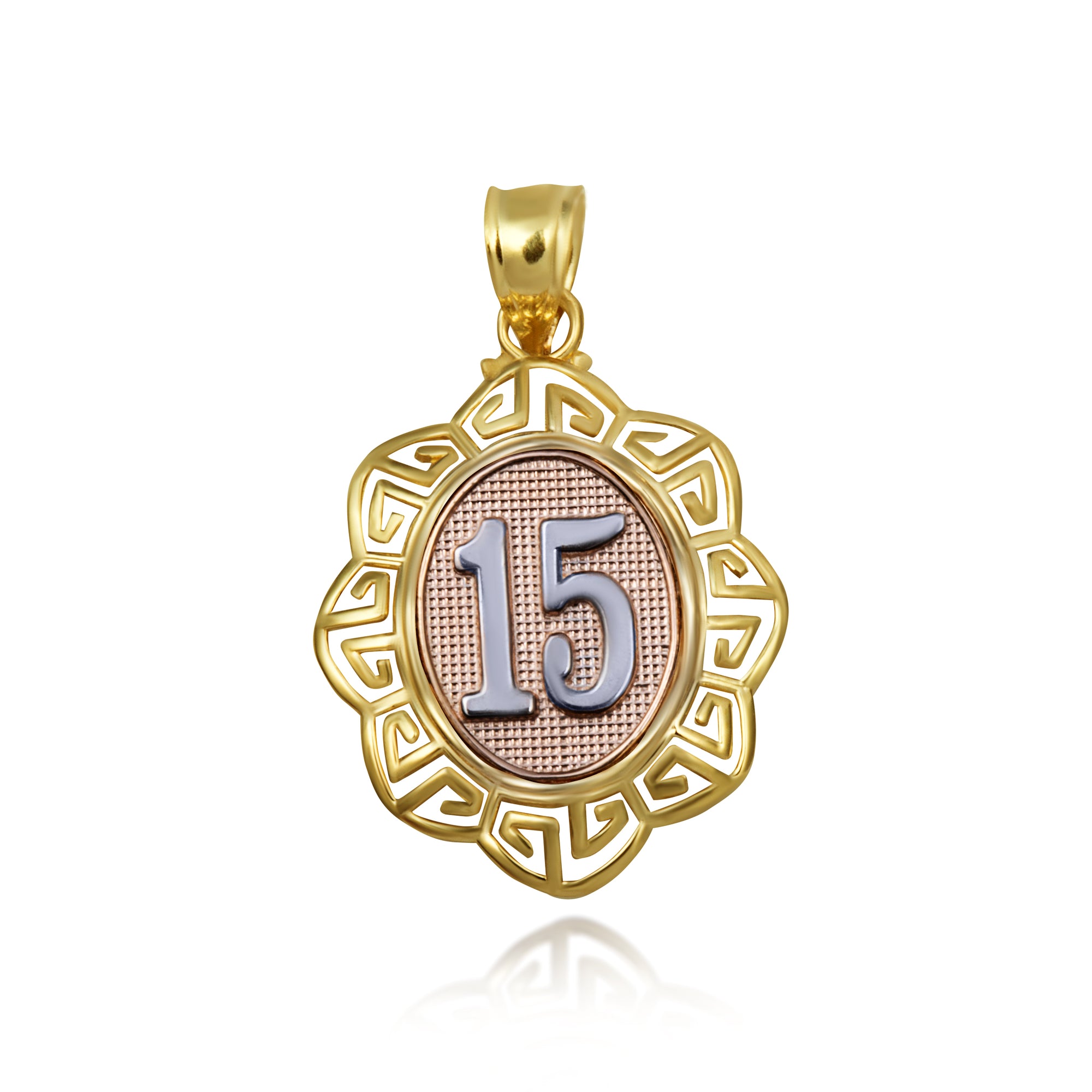 Tri-Color Gold Quinceañera 15 Años Greek Key Textured Pendant Necklace, view 5
