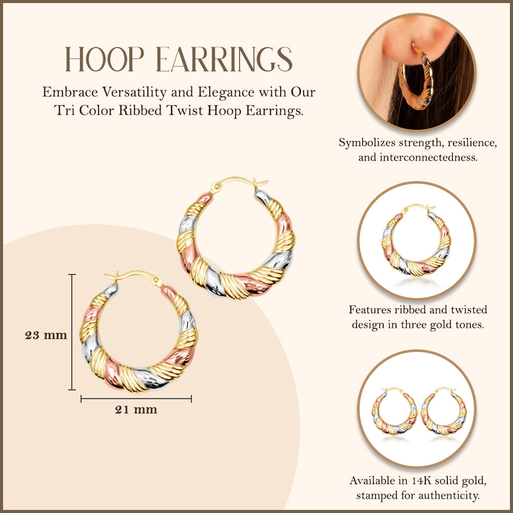 Tri-Color Gold Ribbed Twist Hoop Earrings, view 3