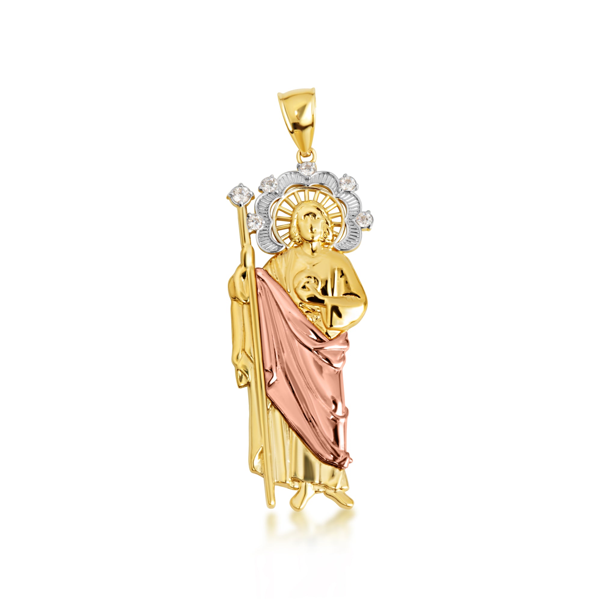 Tri-Color Gold Saint Jude Halo Studded Pendant Necklace