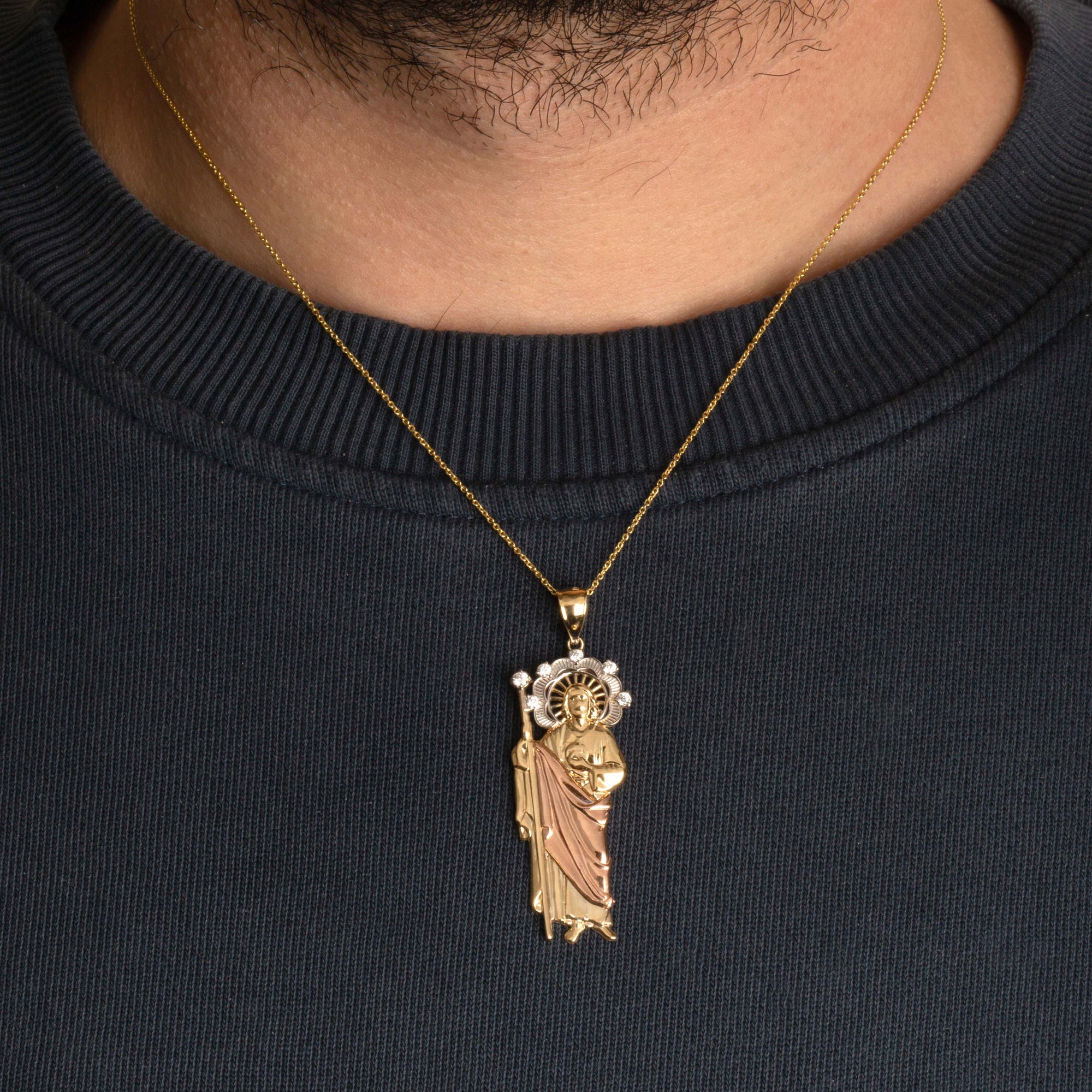 Tri-Color Gold Saint Jude Halo Studded Pendant Necklace, view 2