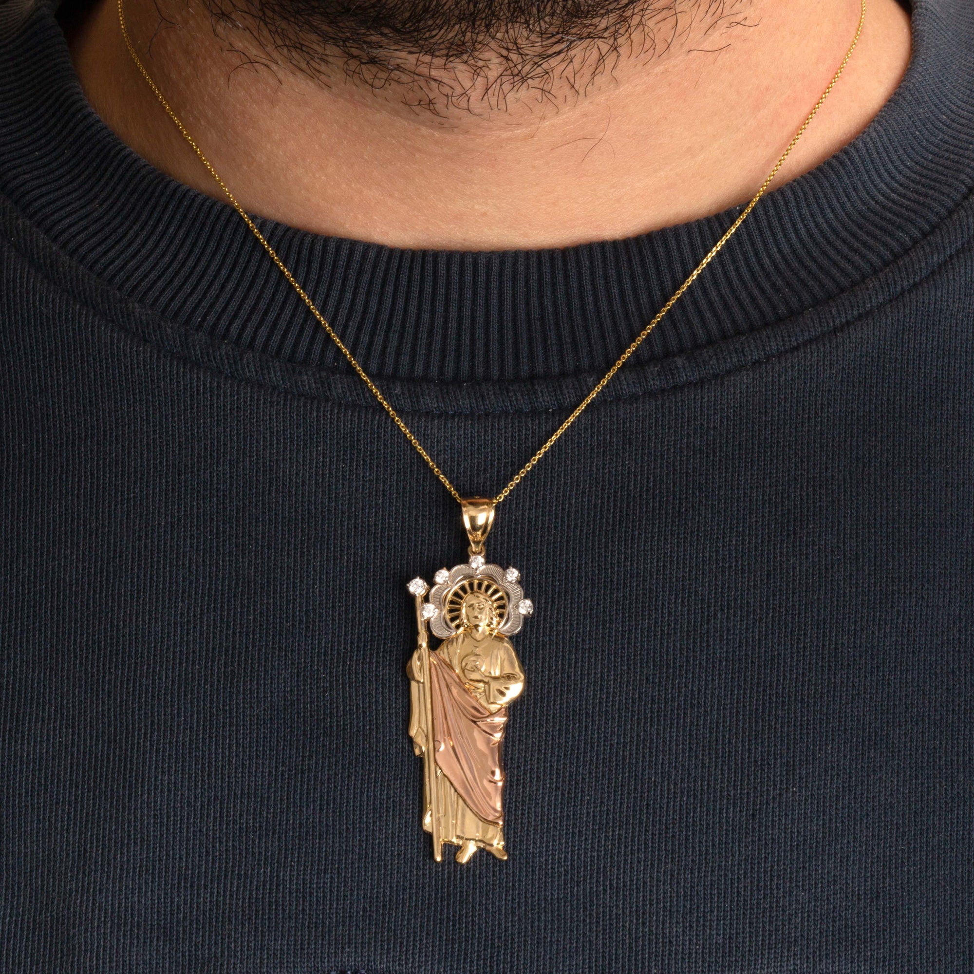 Tri-Color Gold Saint Jude Halo Studded Pendant Necklace, view 3