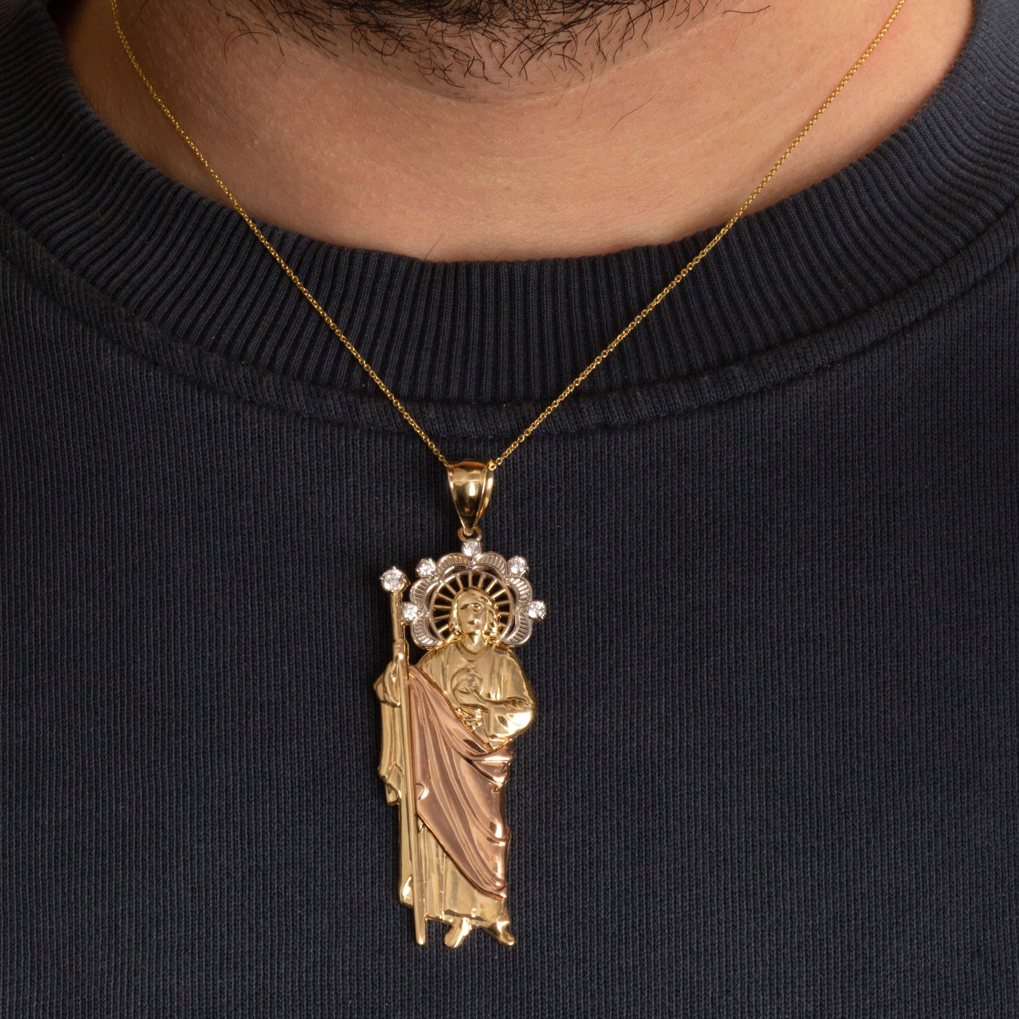Tri-Color Gold Saint Jude Halo Studded Pendant Necklace, view 4
