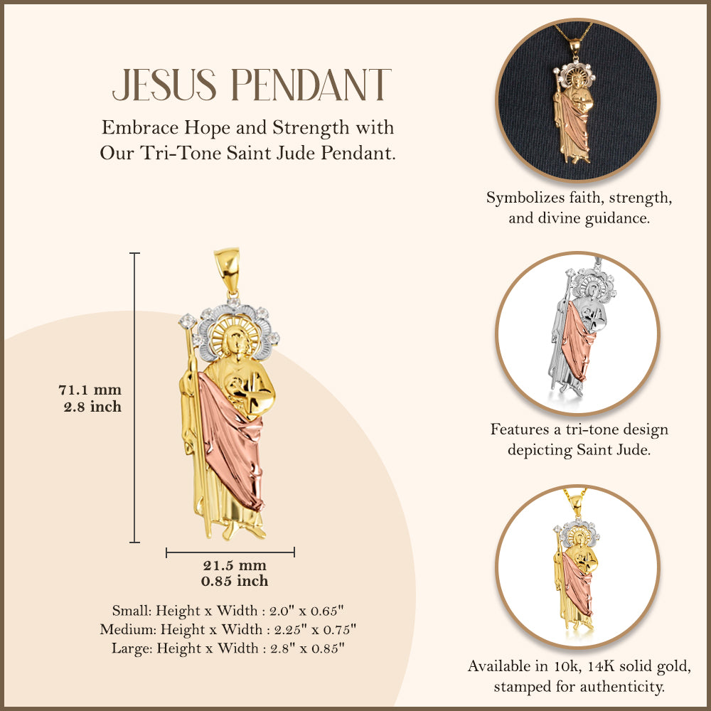Tri-Color Gold Saint Jude Halo Studded Pendant Necklace, view 5