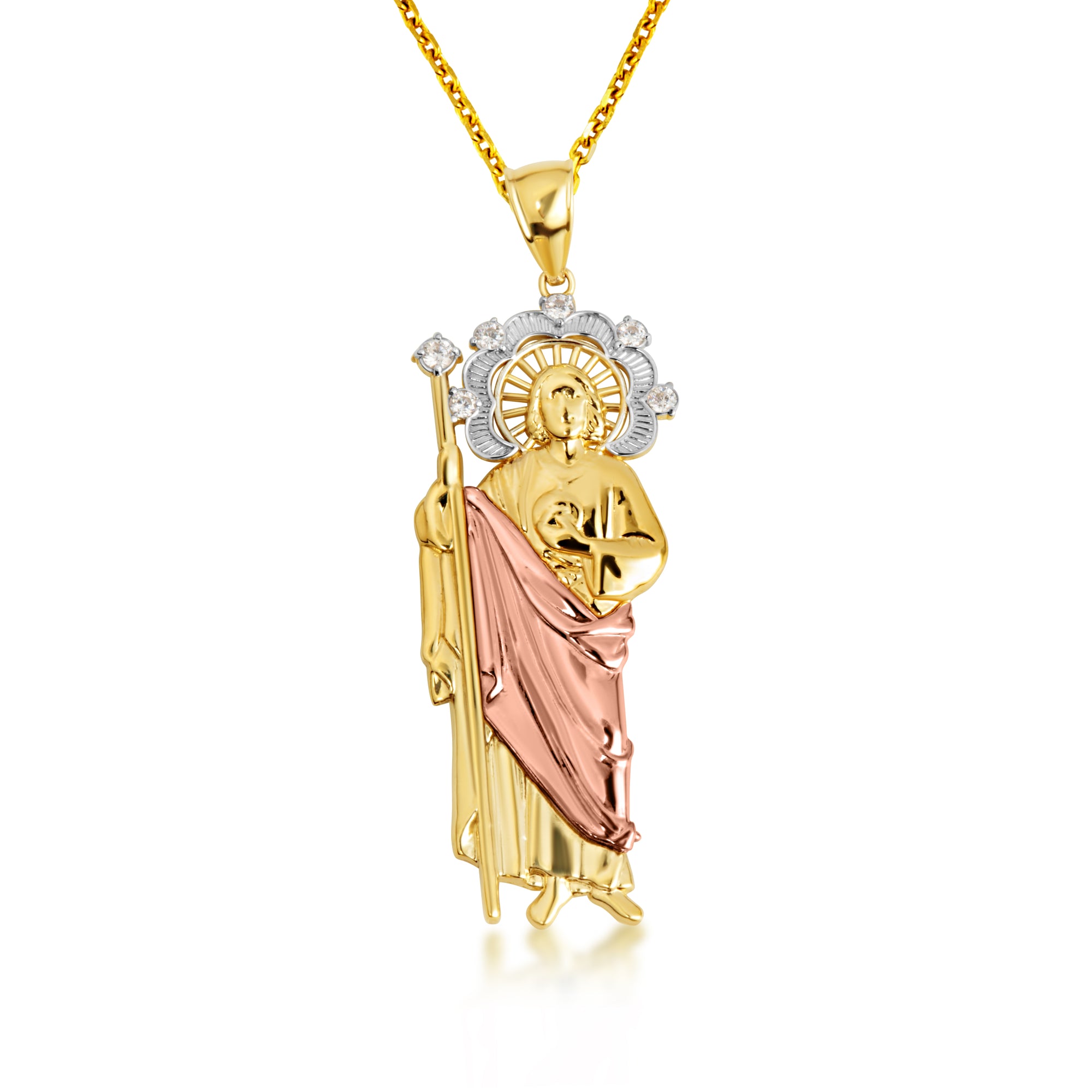 Tri-Color Gold Saint Jude Halo Studded Pendant Necklace, view 6
