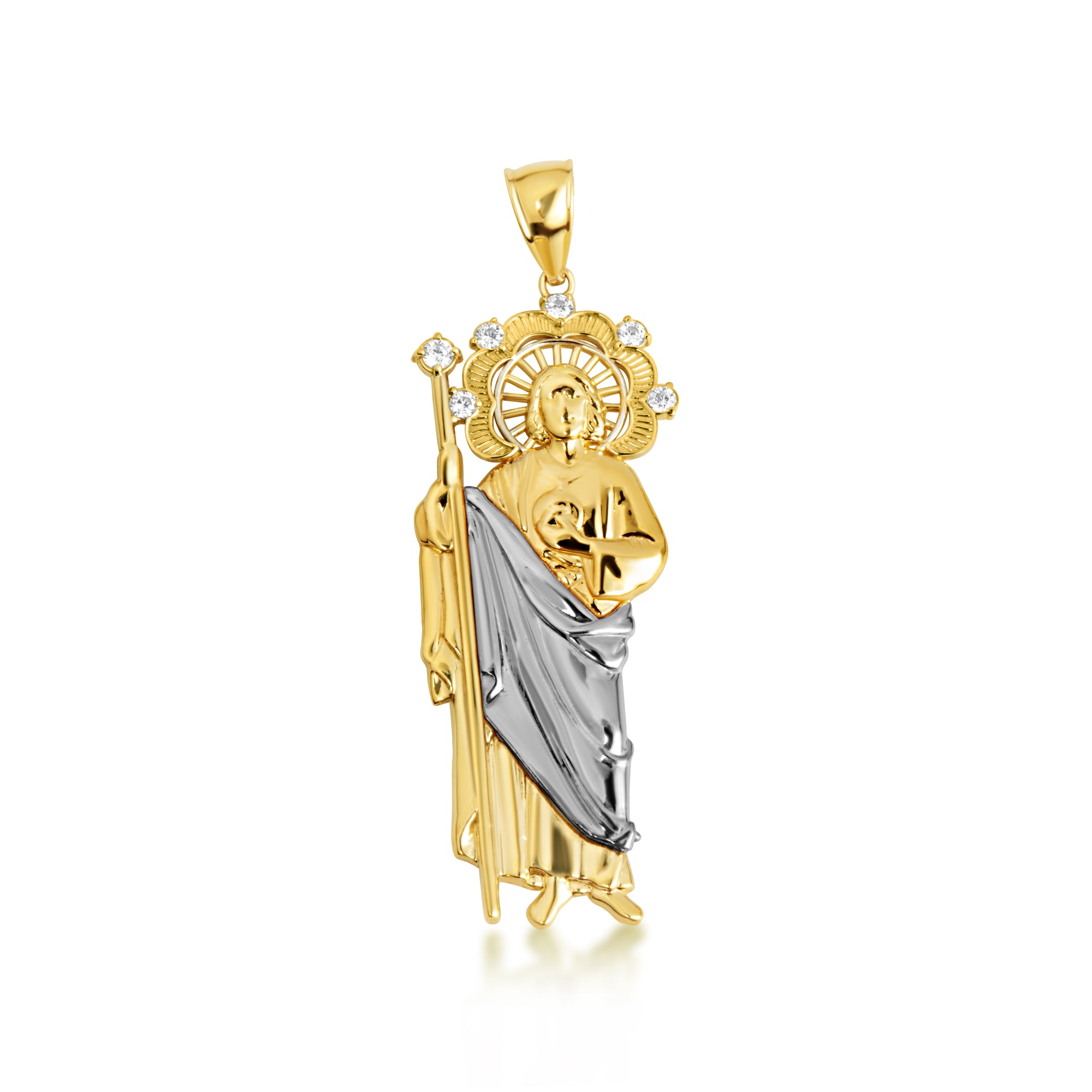 Tri-Color Gold Saint Jude Halo Studded Pendant Necklace, view 7