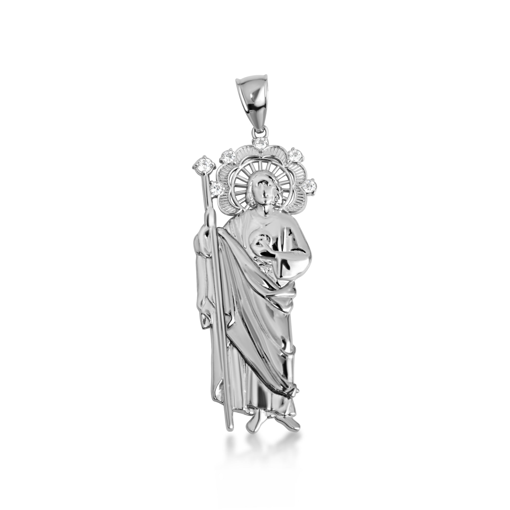 Tri-Color Gold Saint Jude Halo Studded Pendant Necklace, view 8