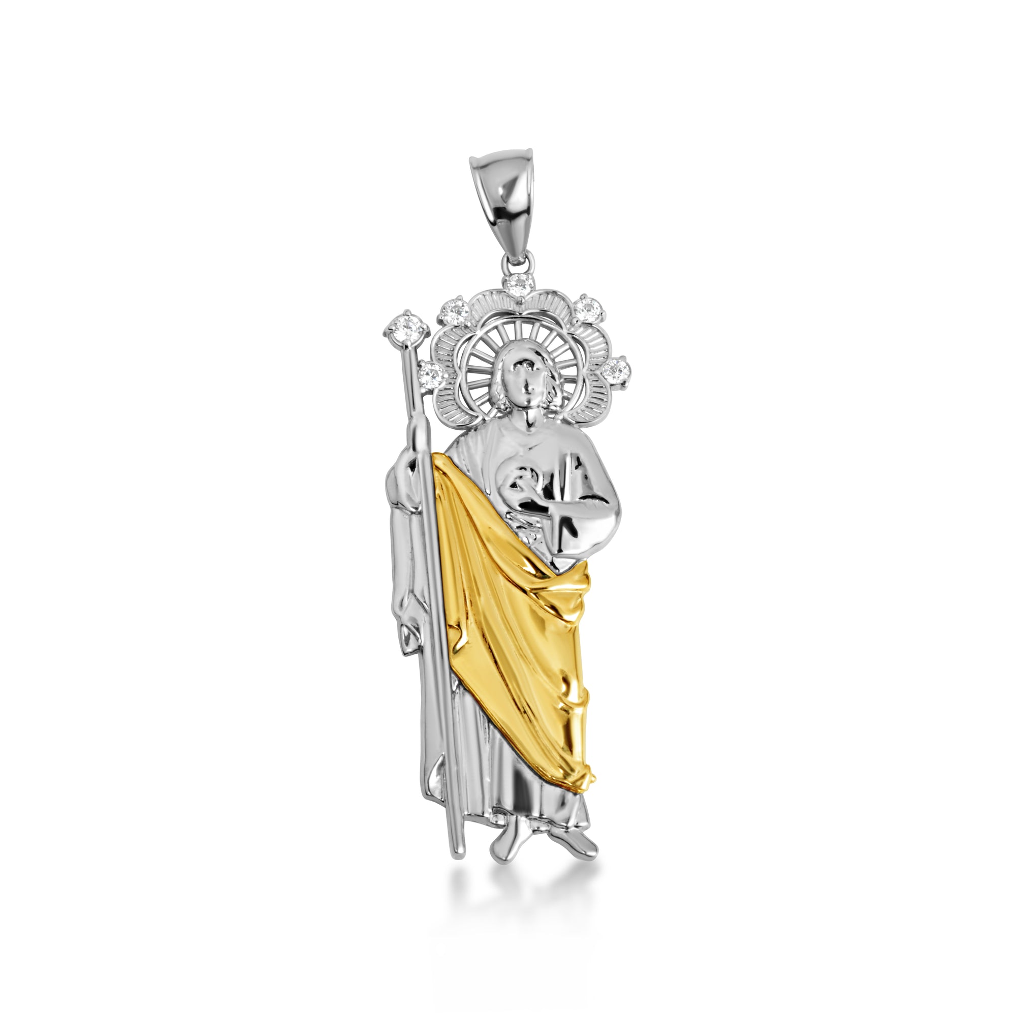 Tri-Color Gold Saint Jude Halo Studded Pendant Necklace, view 9