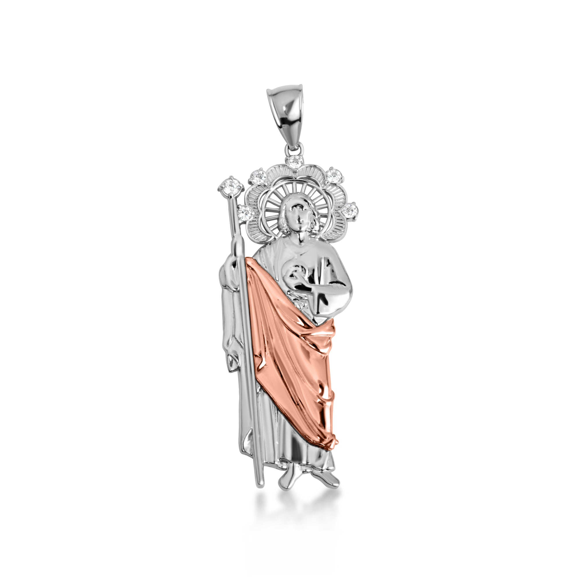 Tri-Color Gold Saint Jude Halo Studded Pendant Necklace, view 10
