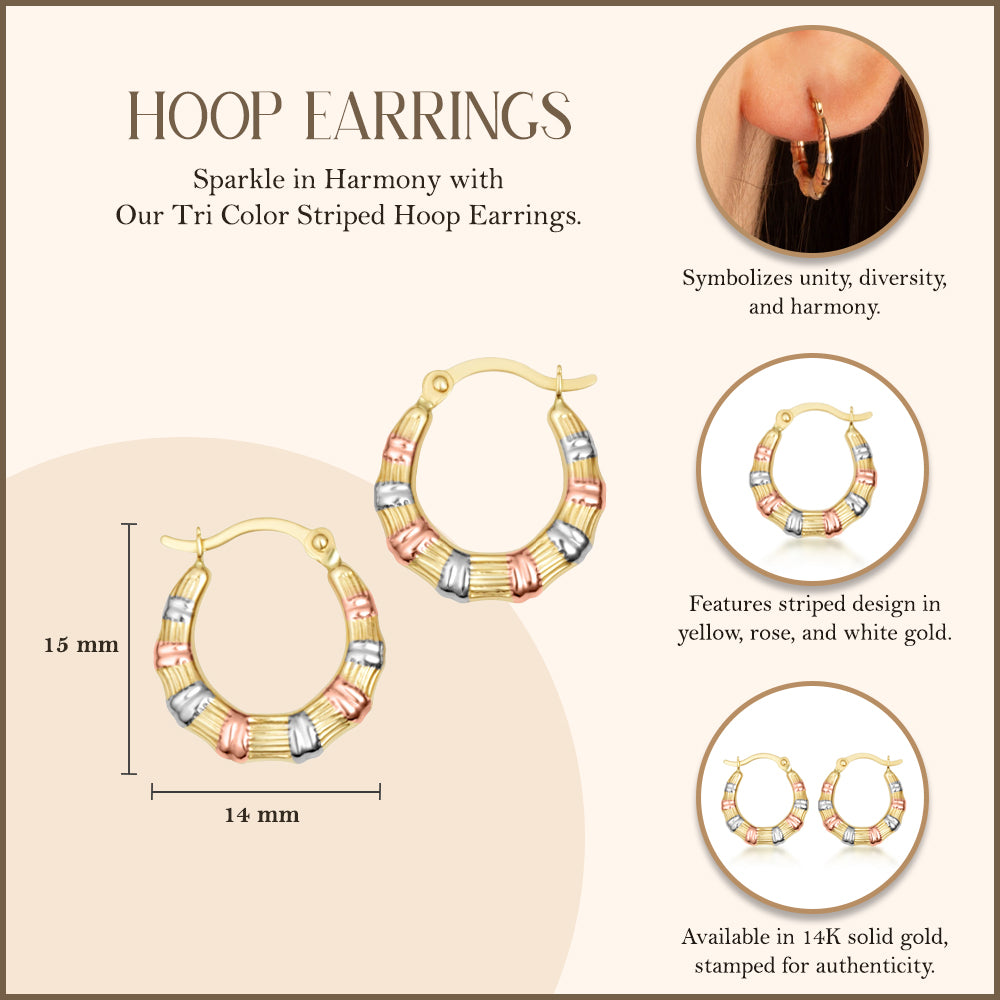 Tri-Color Gold Striped Hoop Earrings, view 3
