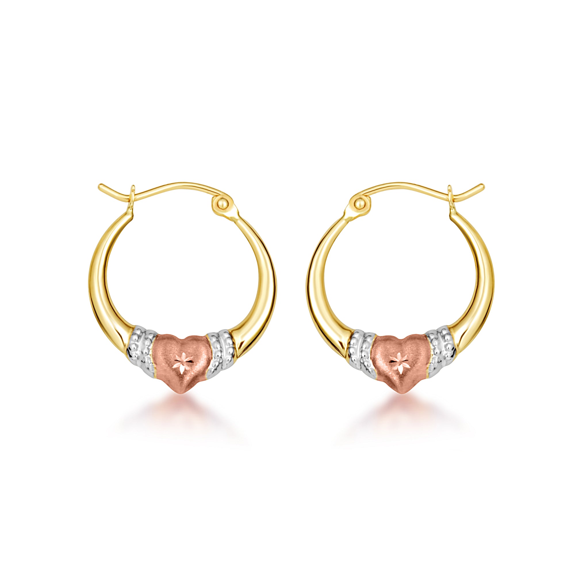 Tri-Color Gold Textured Heart Hoop Earrings