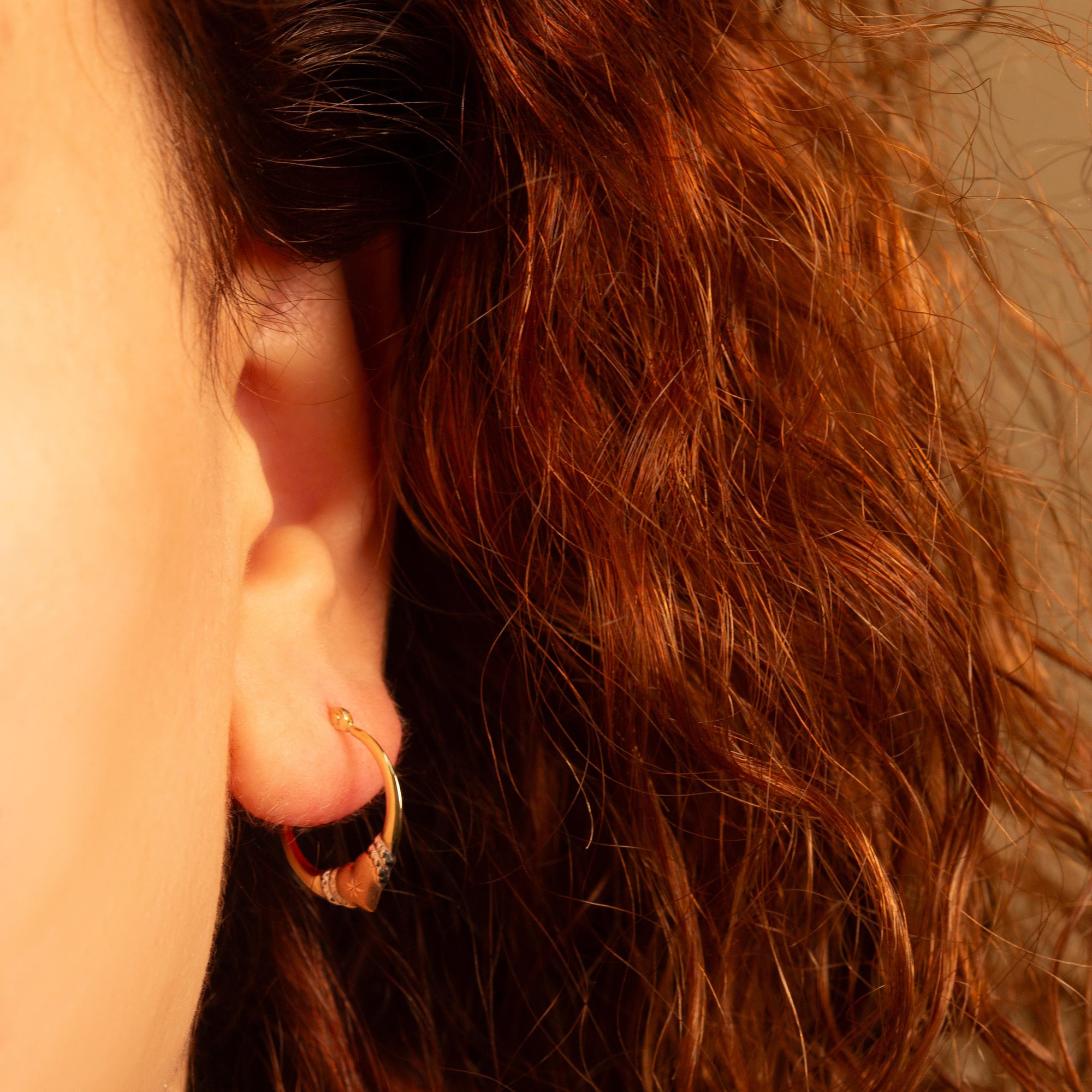 Tri-Color Gold Textured Heart Hoop Earrings, view 2