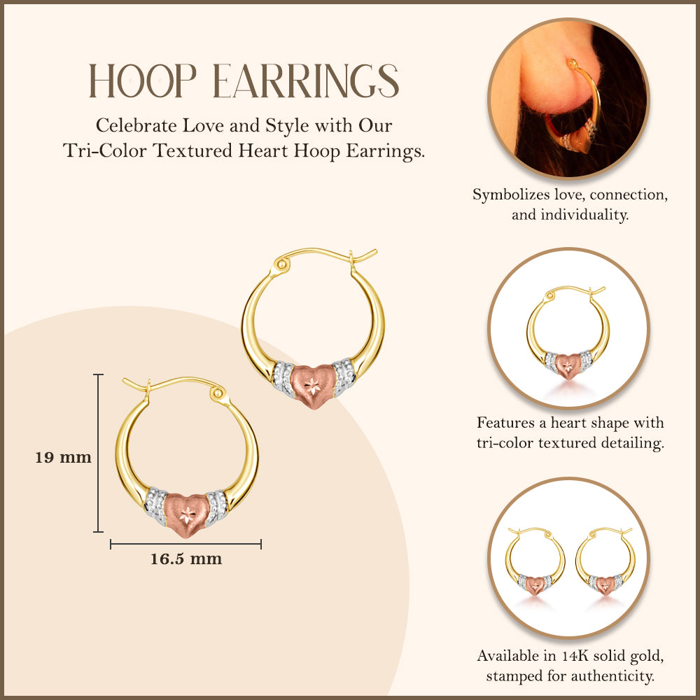 Tri-Color Gold Textured Heart Hoop Earrings, view 3