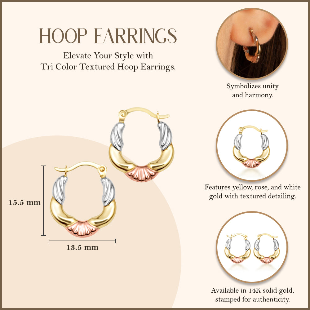Tri-Color Gold Textured Hoop Earrings, view 3