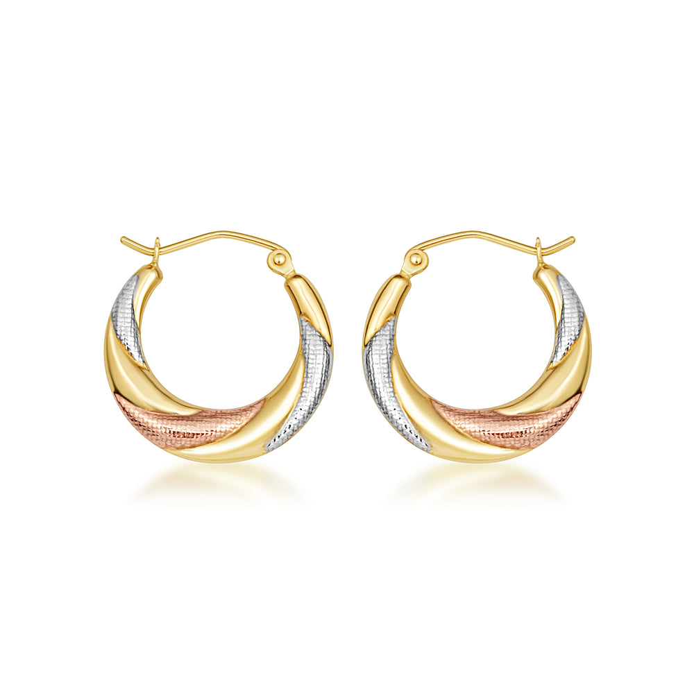 Tri-Color Gold Twisted Diamond Cut Hoop Earrings