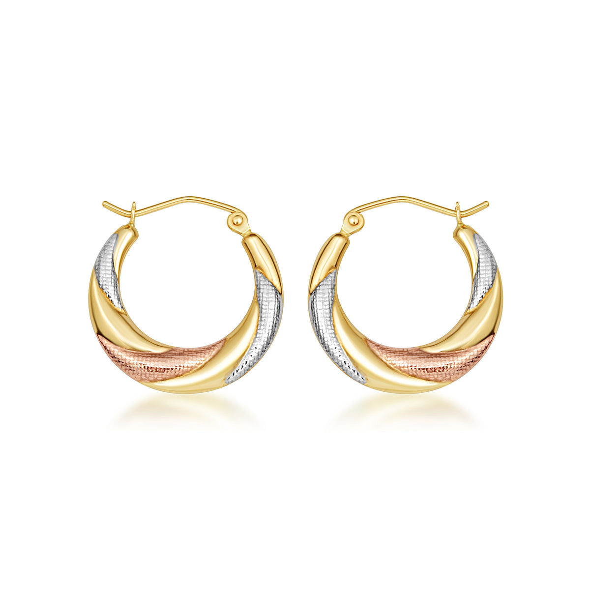 Tri-Color Gold Twisted Diamond Cut Hoop Earrings