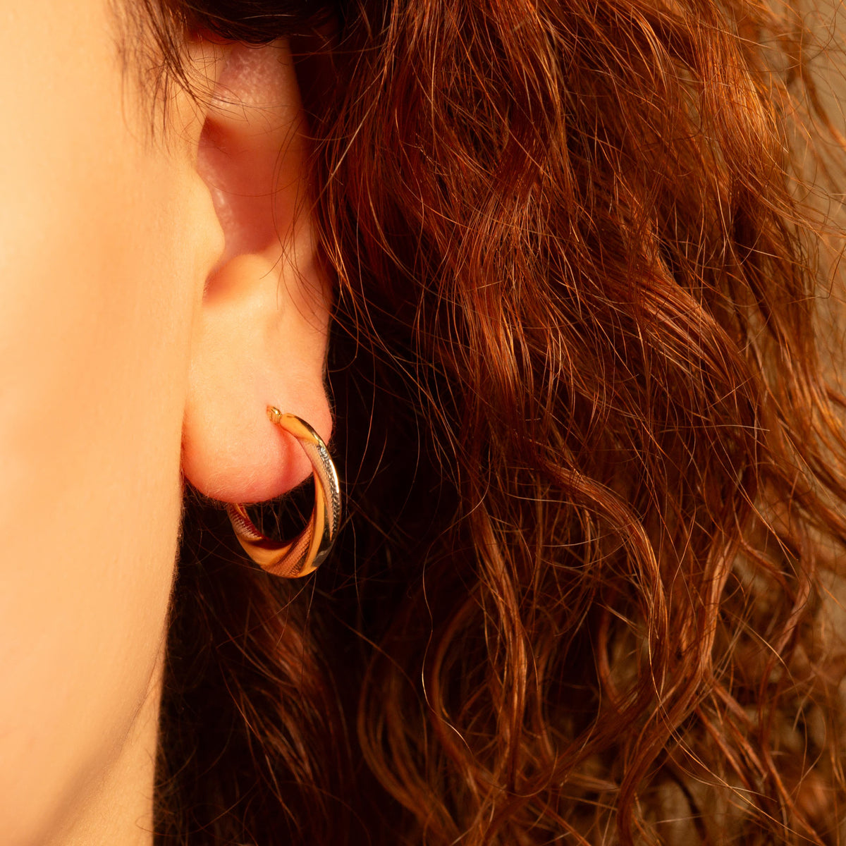 Tri-Color Gold Twisted Diamond Cut Hoop Earrings, view 2