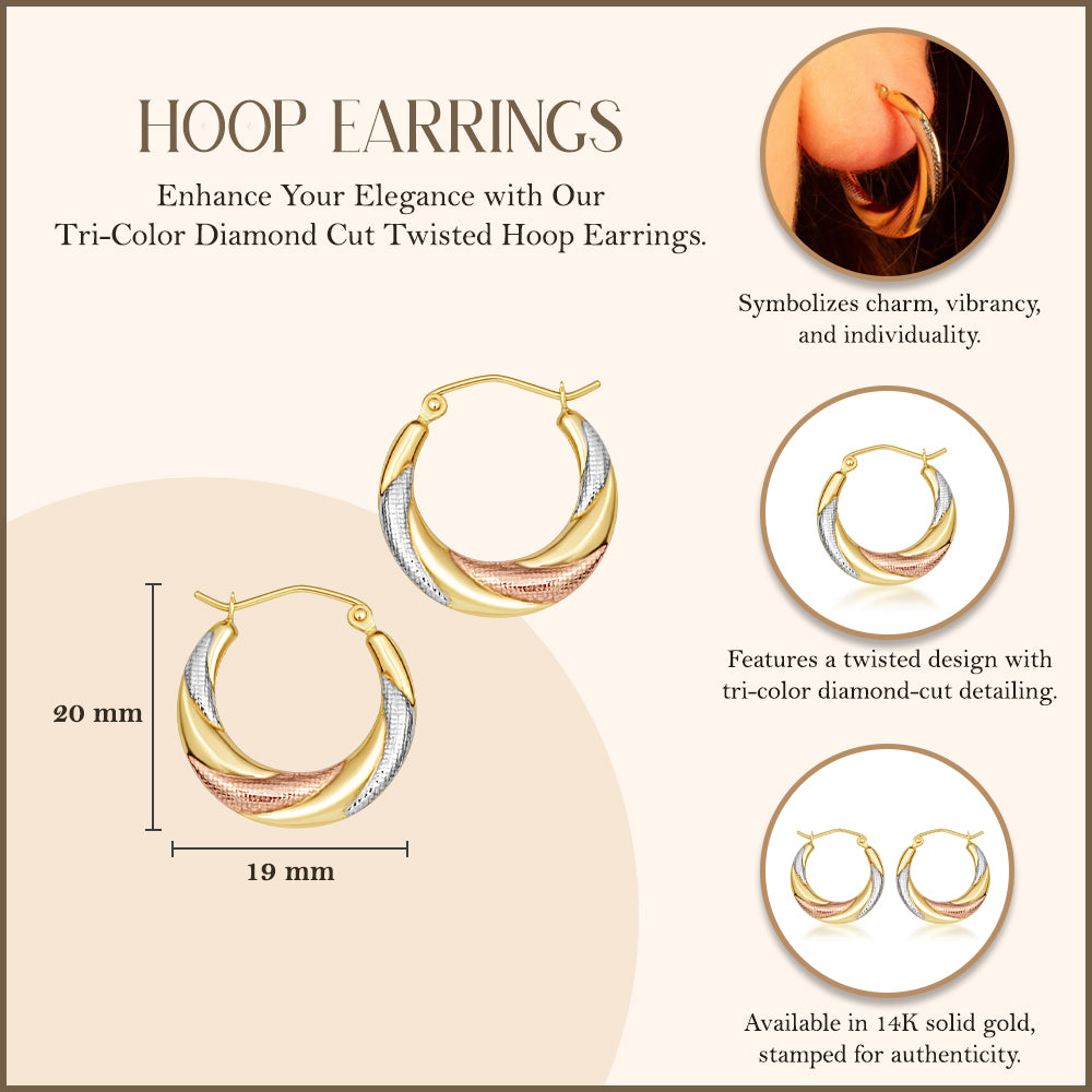 Tri-Color Gold Twisted Diamond Cut Hoop Earrings, view 3