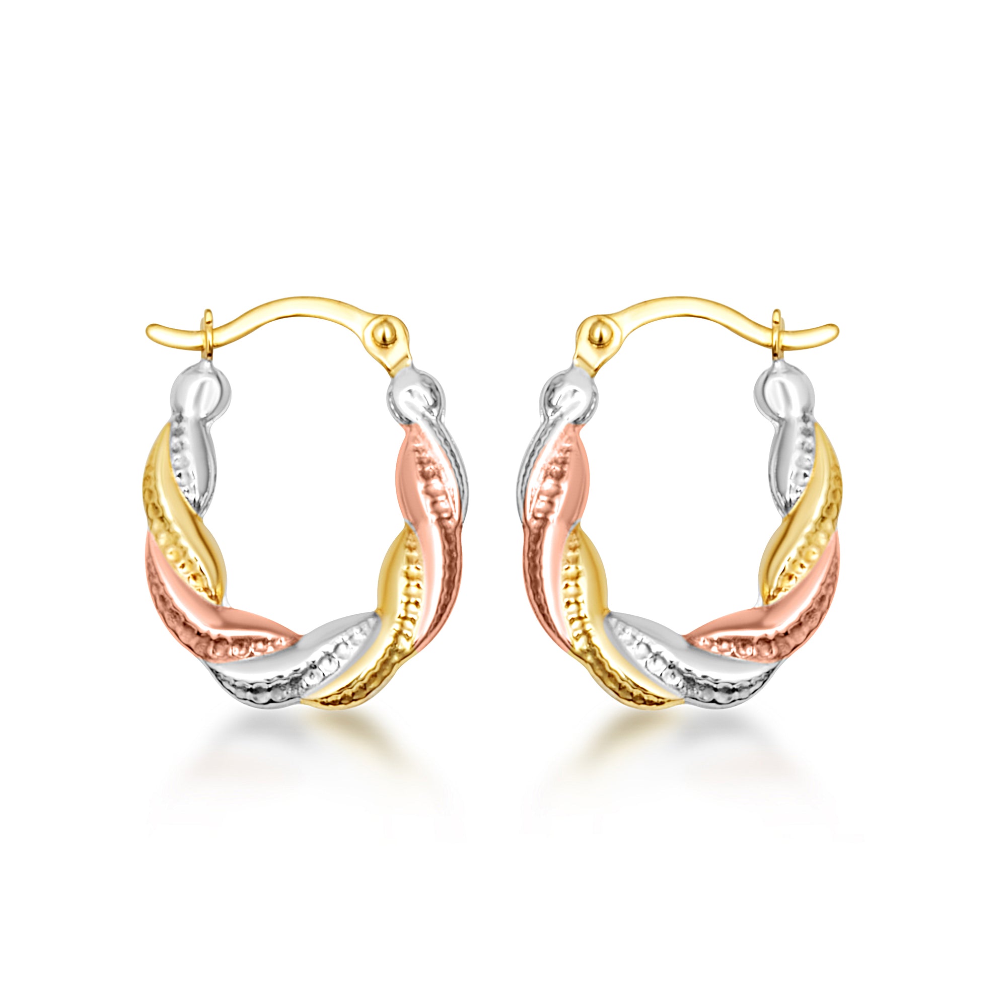 Tri-Color Gold Twisted Oval Hoop Earrings