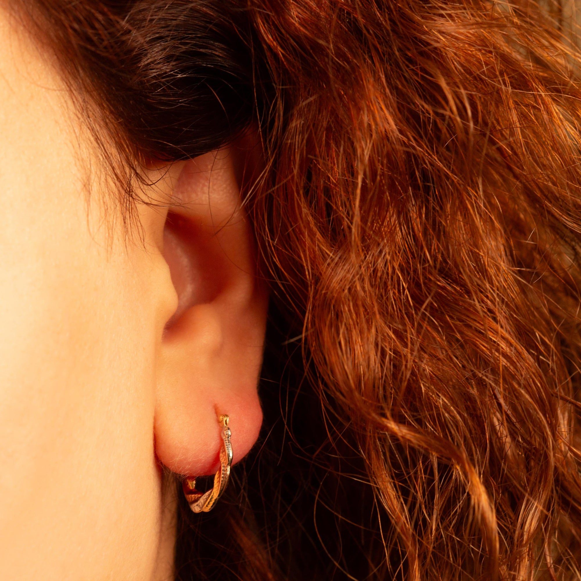 Tri-Color Gold Twisted Oval Hoop Earrings, view 2
