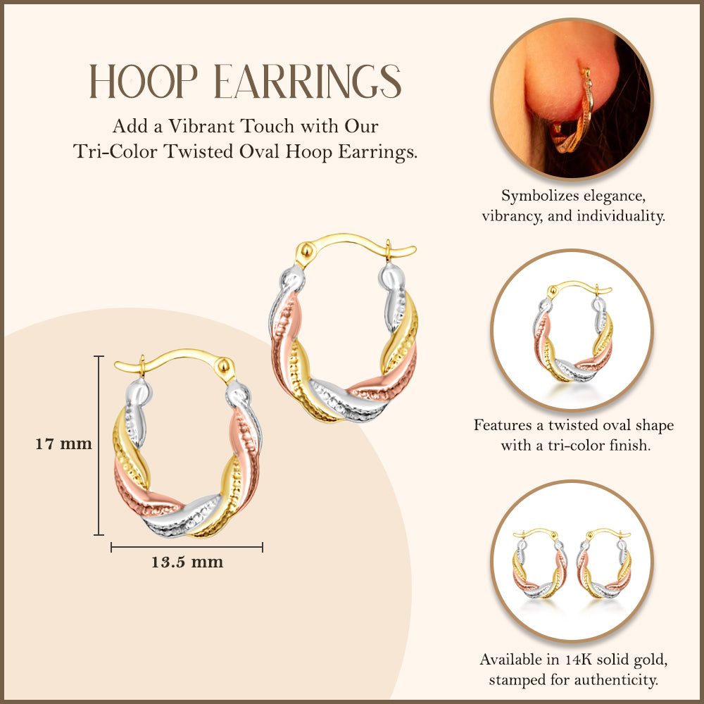 Tri-Color Gold Twisted Oval Hoop Earrings, view 3