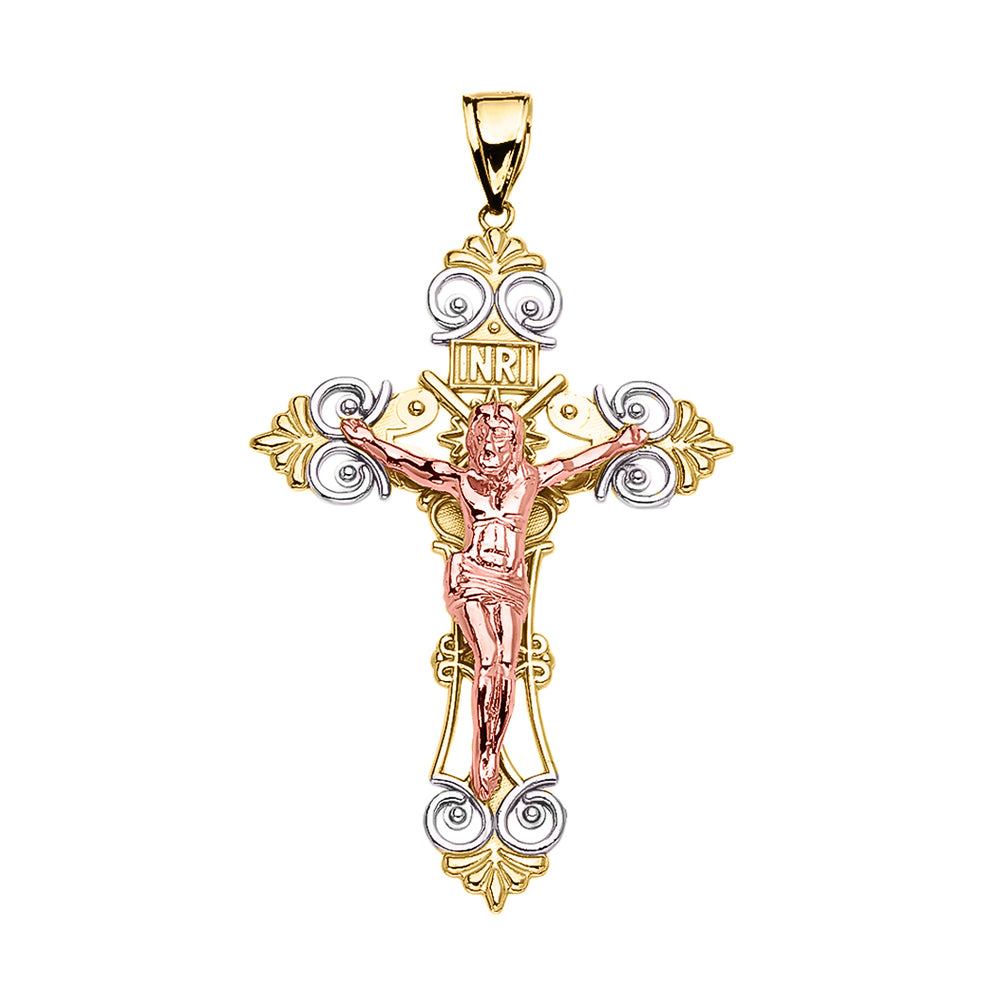 Tri-Color Yellow Gold INRI Crucifix Pendant Necklace (Large), view 2