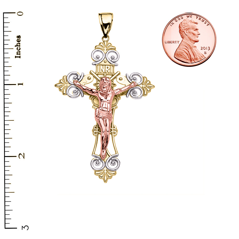 Tri-Color Yellow Gold INRI Crucifix Pendant Necklace (Large), view 3