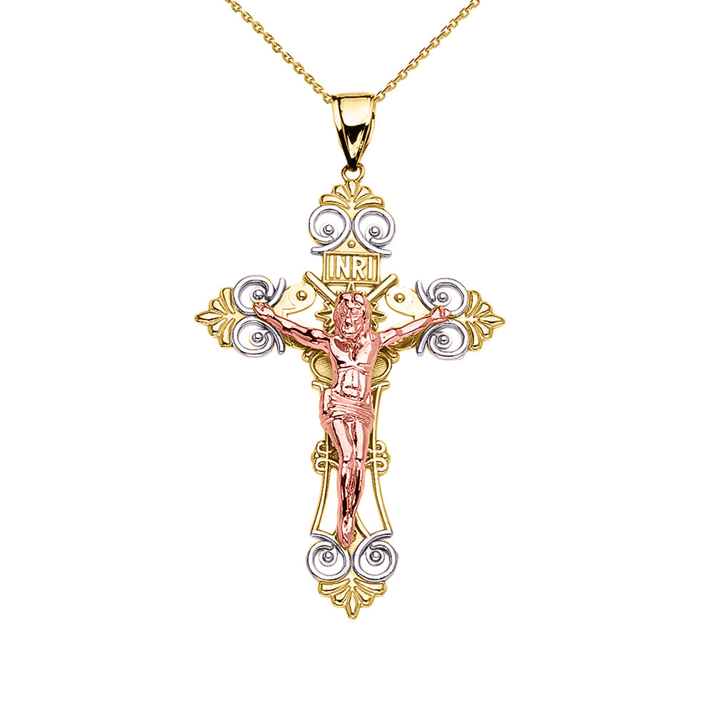 Tri-Color Yellow Gold INRI Crucifix Pendant Necklace (Medium)