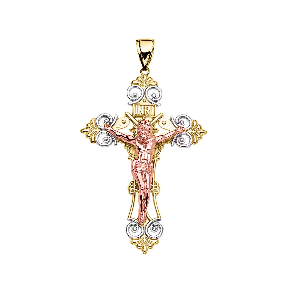 Tri-Color Yellow Gold INRI Crucifix Pendant Necklace (Medium), view 2